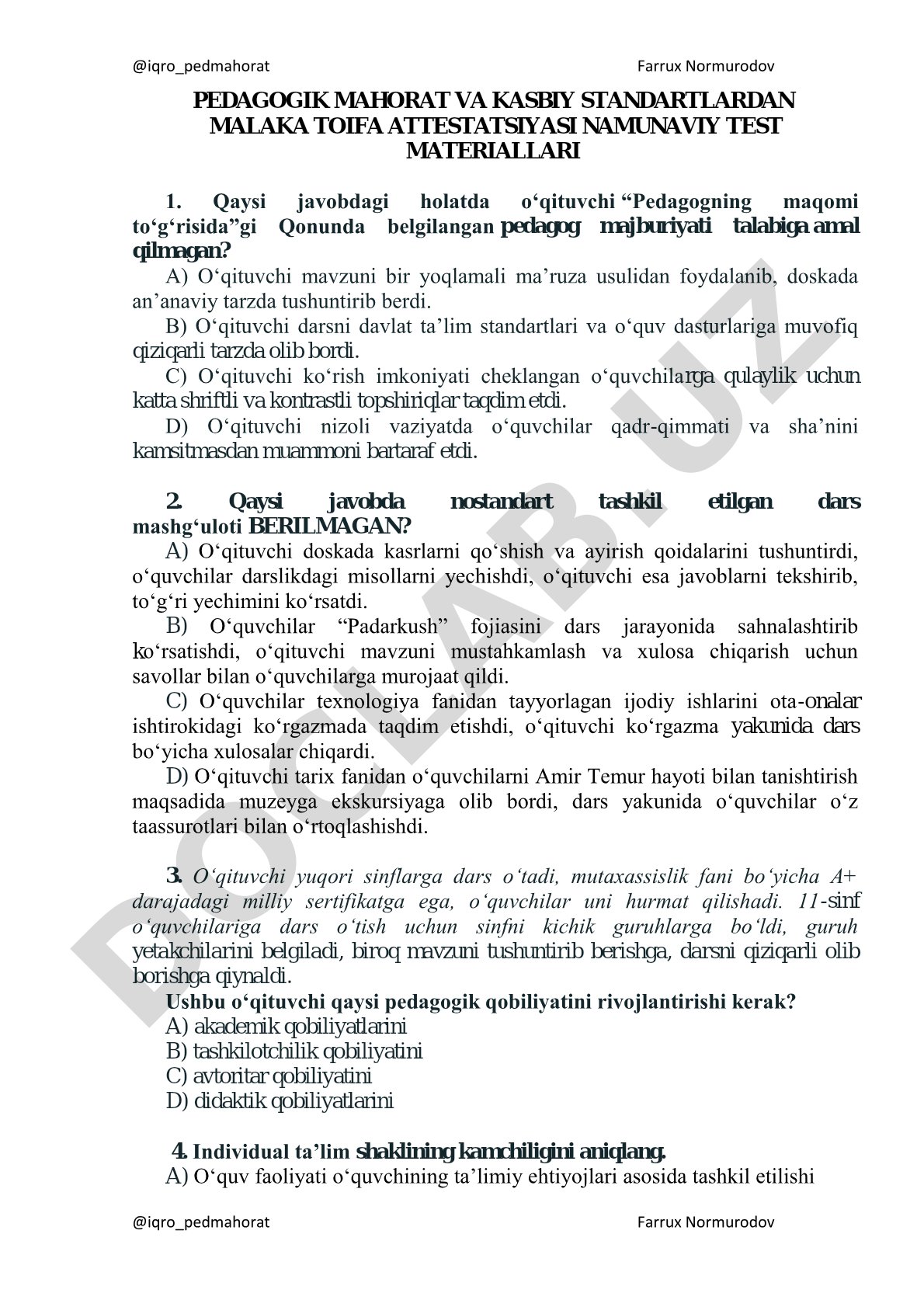 Pedagogik mahorat va kasbiy standartlardan malaka toifa attestatsiyasi test materiallari