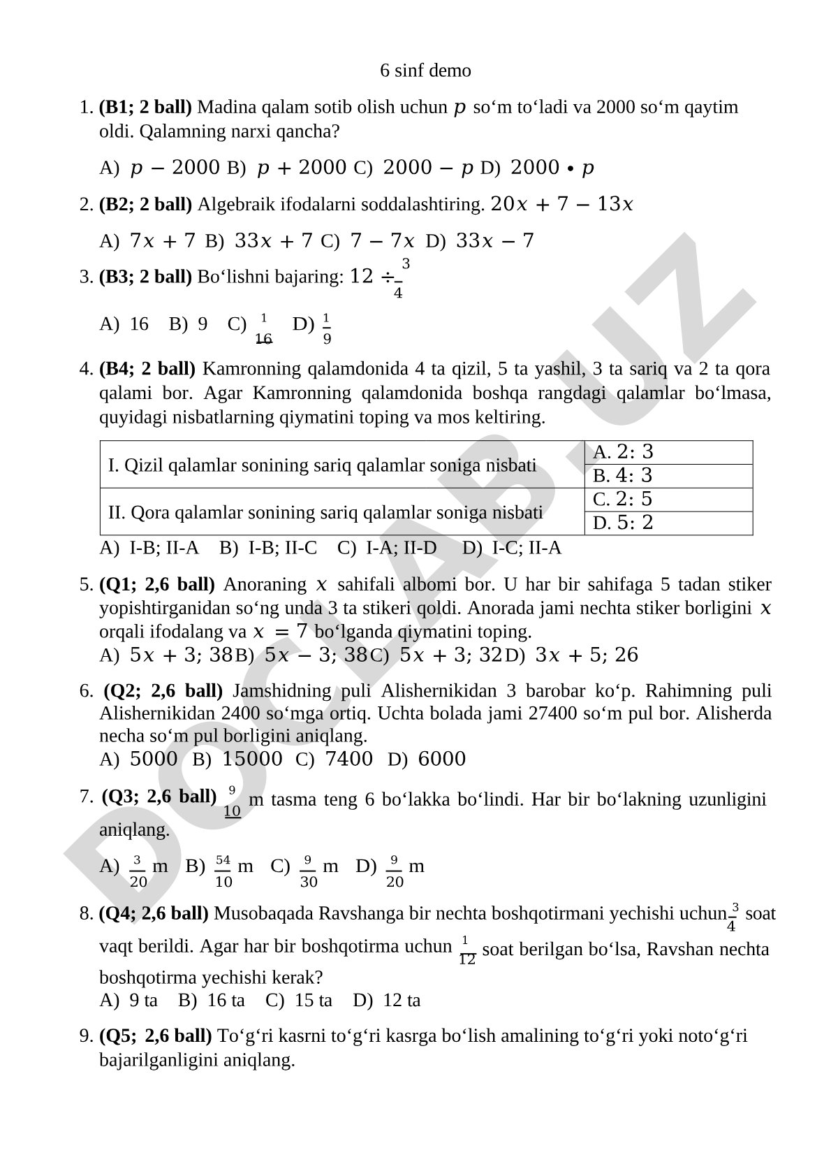 6-sinf matematika demo testi