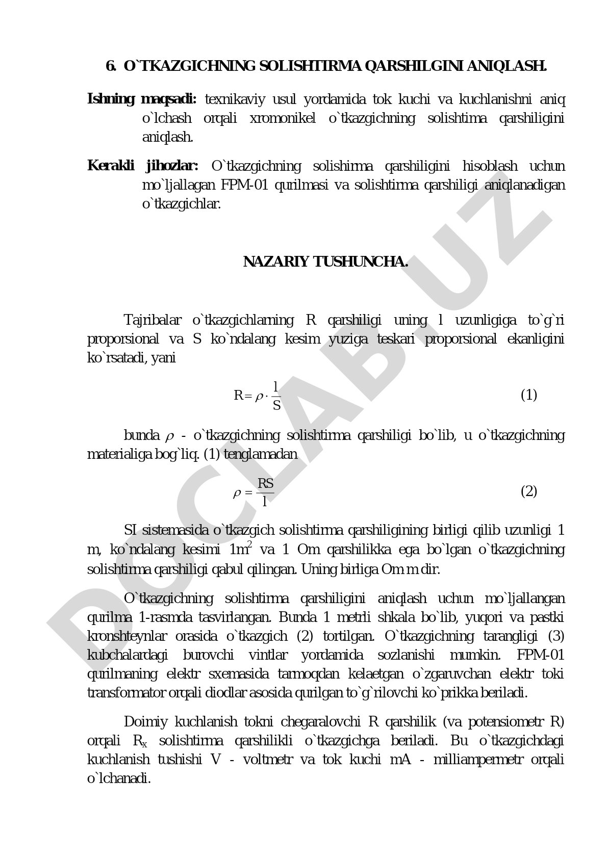 O'tkazgichning solishtirma qarshiligini aniqlash