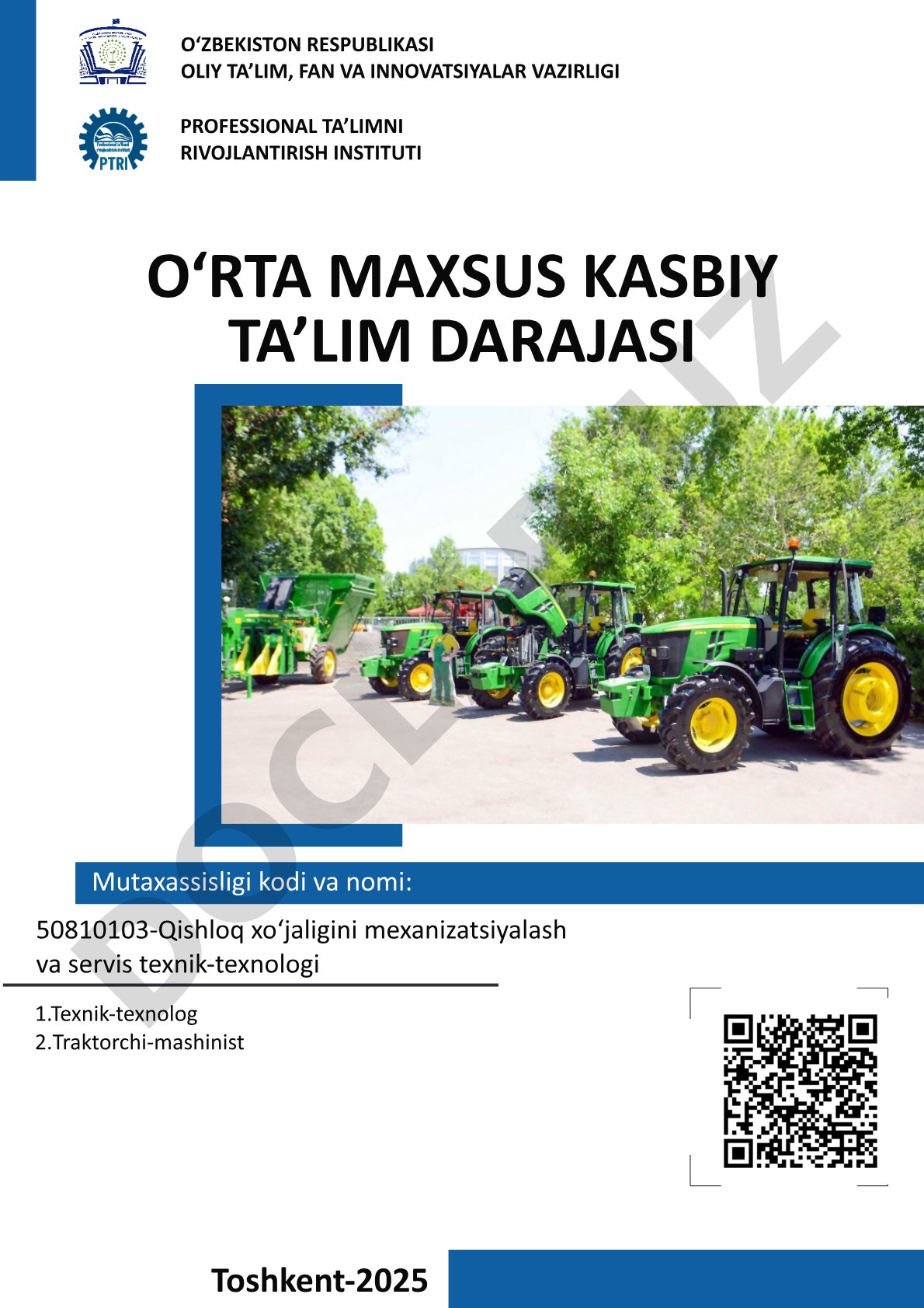 Qishloq xo‘jaligini mexanizatsiyalash va servis texnik-texnologi ta'lim dasturi