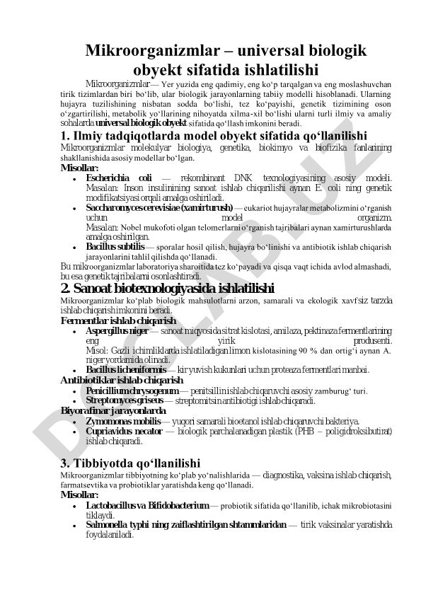 Mikroorganizmlarning universal biologik obyekt sifatida ishlatilishi