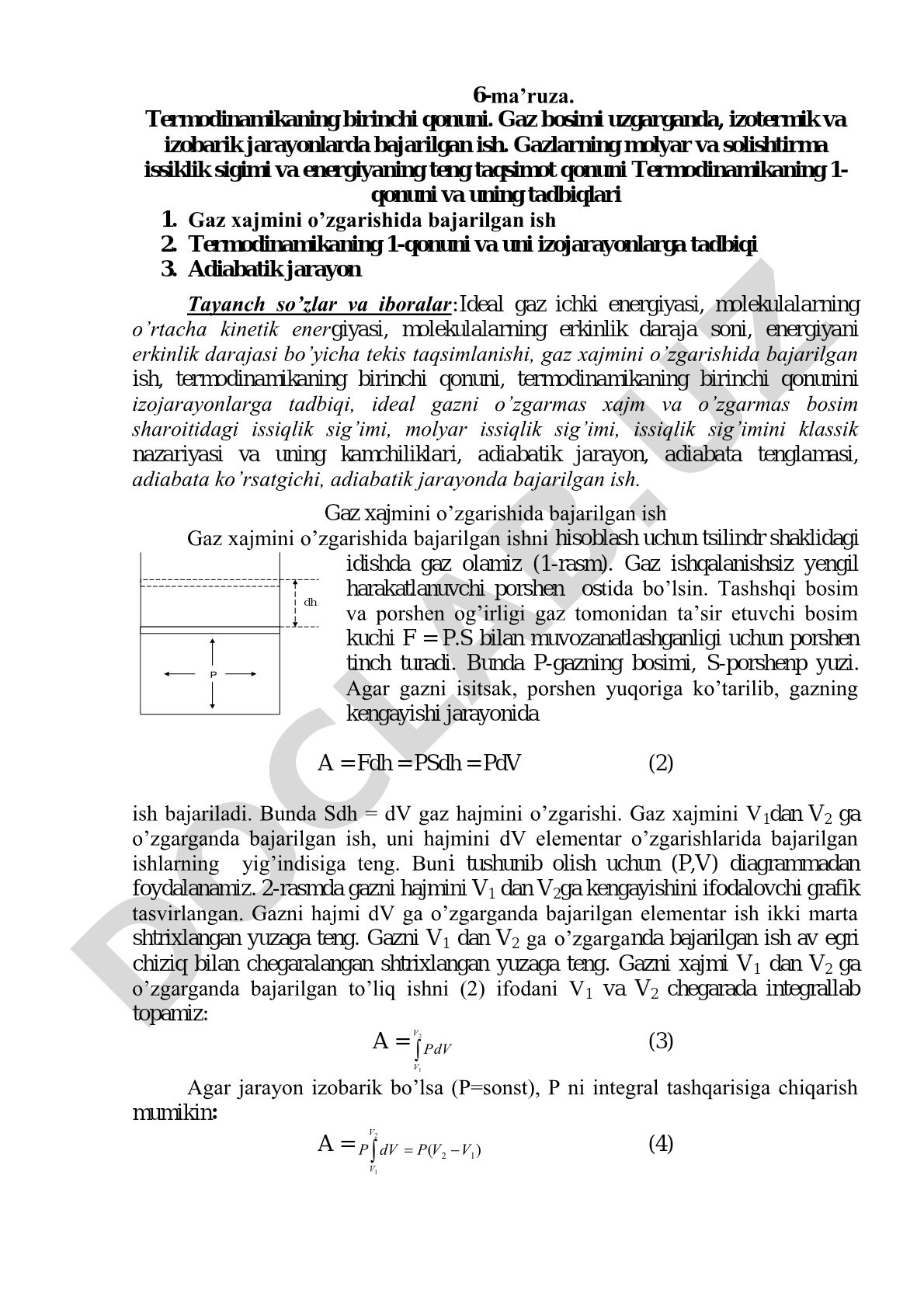 Termodinamikaning birinchi qonuni va uning tadbiqlari