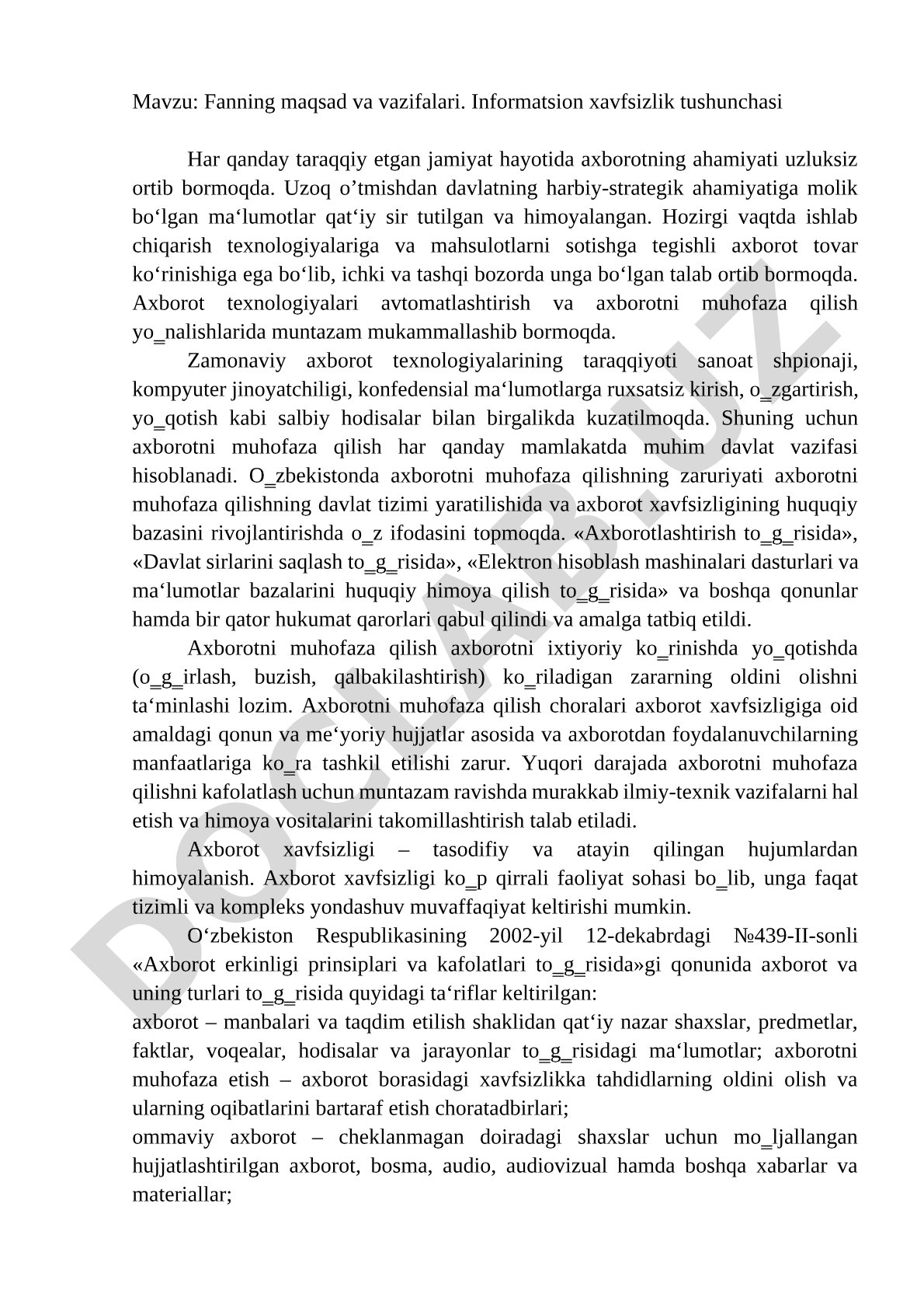 Fanning maqsad va vazifalari. Informatsion xavfsizlik tushunchasi