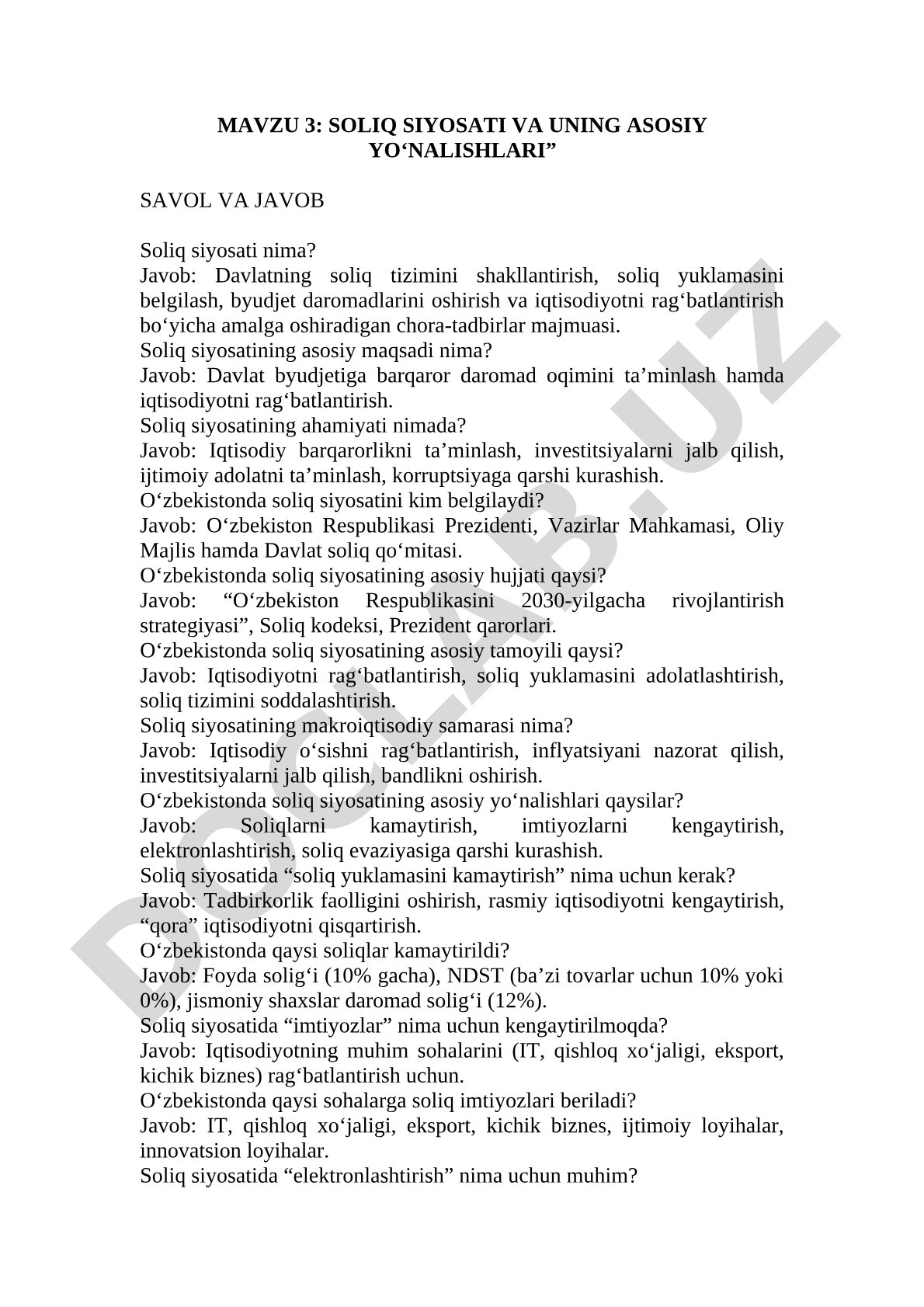 MAVZU 3: SOLIQ SIYOSATI VA UNING ASOSIY YO‘NALISHLARI” SAVOL VA JAVOB Soliq siyosati nima?
