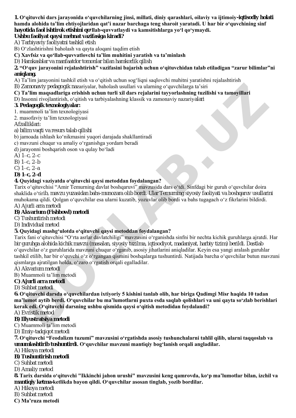 O'qituvchi mehnat vazifalari va pedagogik texnologiyalar bo'yicha test savollari