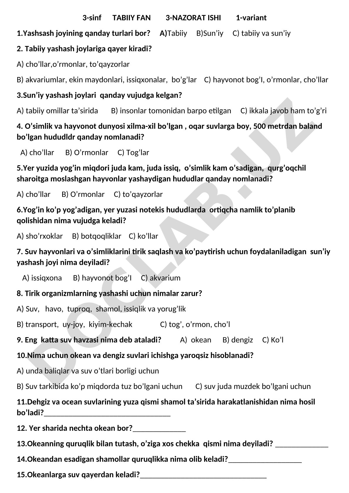 Yashash joylarining tabiiy va sun'iy turlari