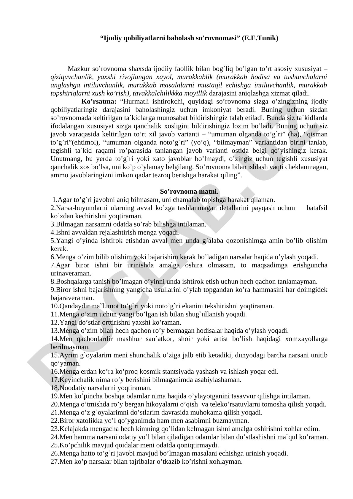 Ijodiy qobiliyatlarni baholash so’rovnomasi