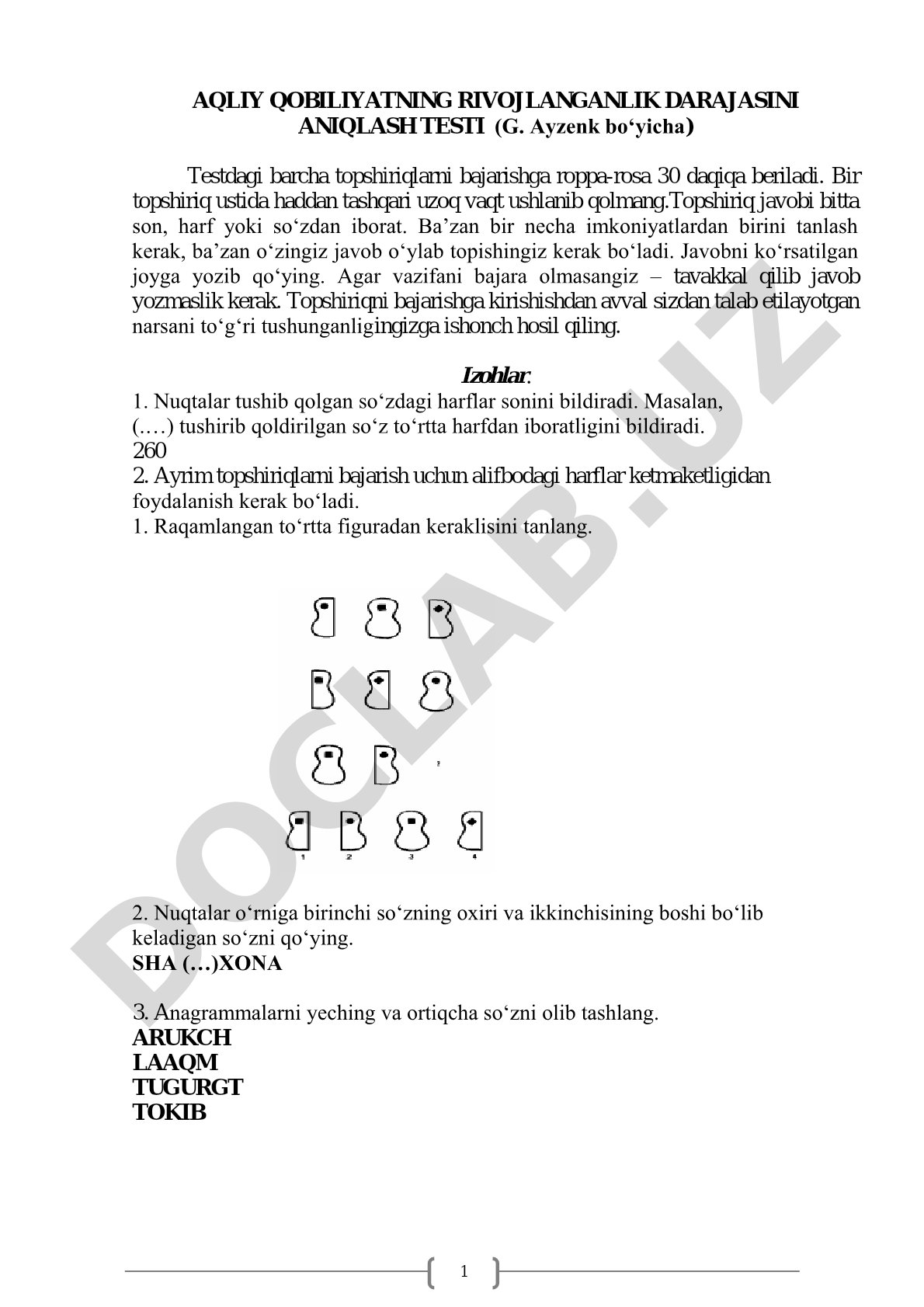 Aqliy qobiliyatning rivojlanganlik darajasini aniqlash testi (G. Ayzenk bo‘yicha)