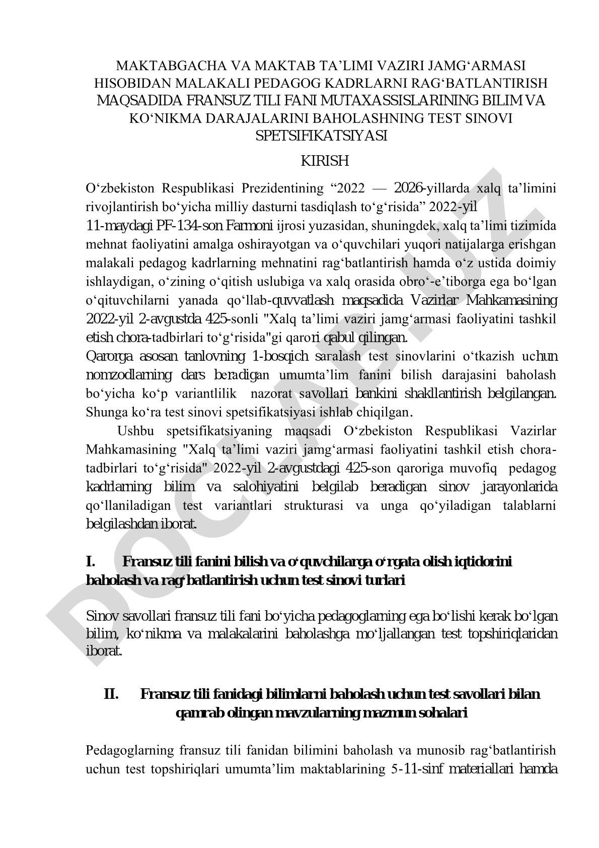 Fransuz tili fani mutaxassislarini baholash test sinovi spetsifikatsiyasi