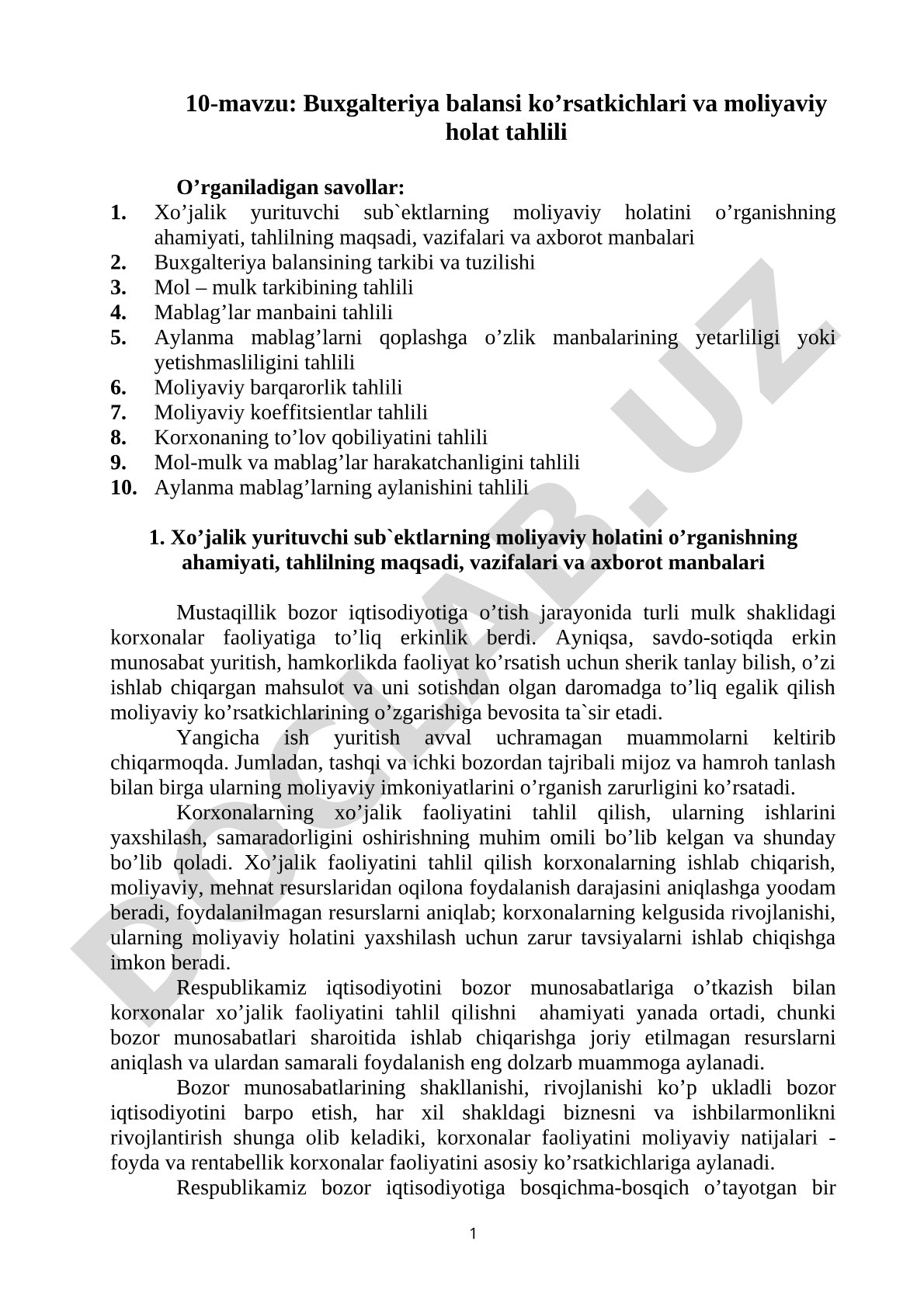 Buxgalteriya balansi ko’rsatkichlari va mоliyaviy hоlat tahlili