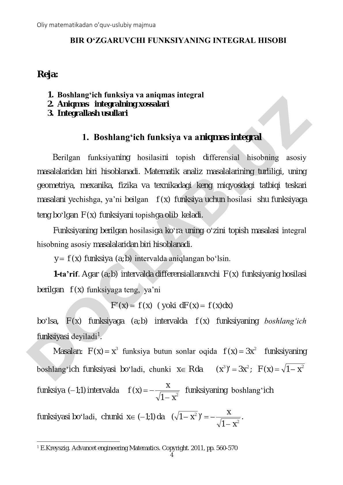 Bir o‘zgaruvchi funksiyaning integral hisobi