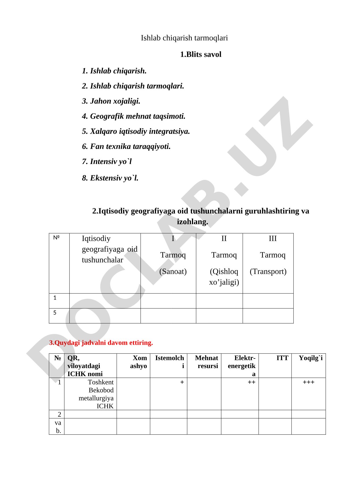 Ishlab chiqarish tarmoqlari va iqtisodiy geografiya bo'yicha topshiriqlar