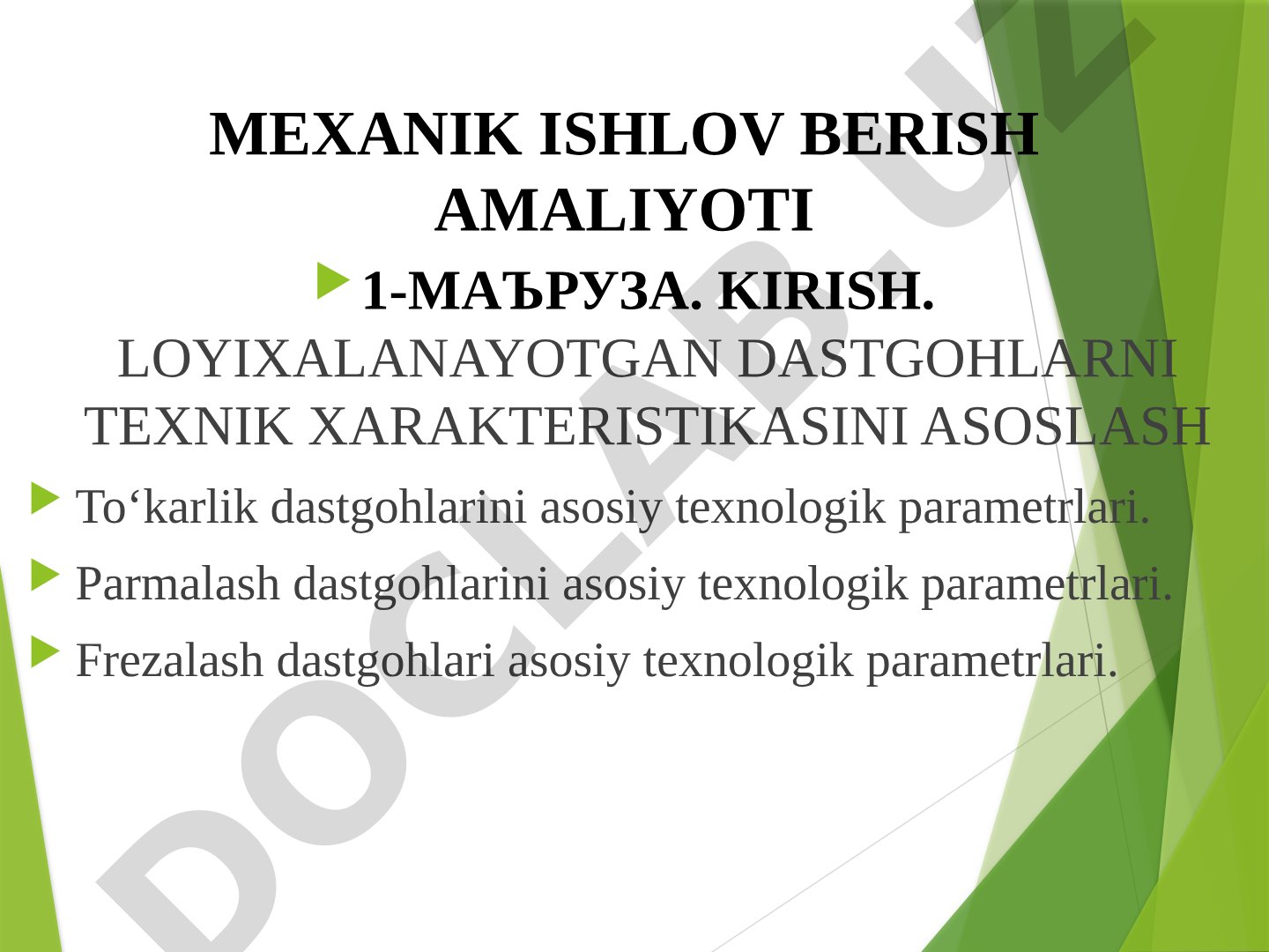 Loyihalanayotgan dastgohlarni texnik xarakteristikasini asoslash