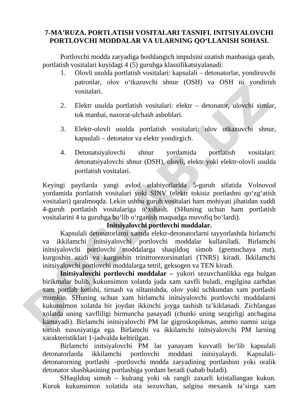 Portlatish vositalari tasnifi. Initsiyalovchi portlovchi moddalar va ularning qo‘llanish sohasi