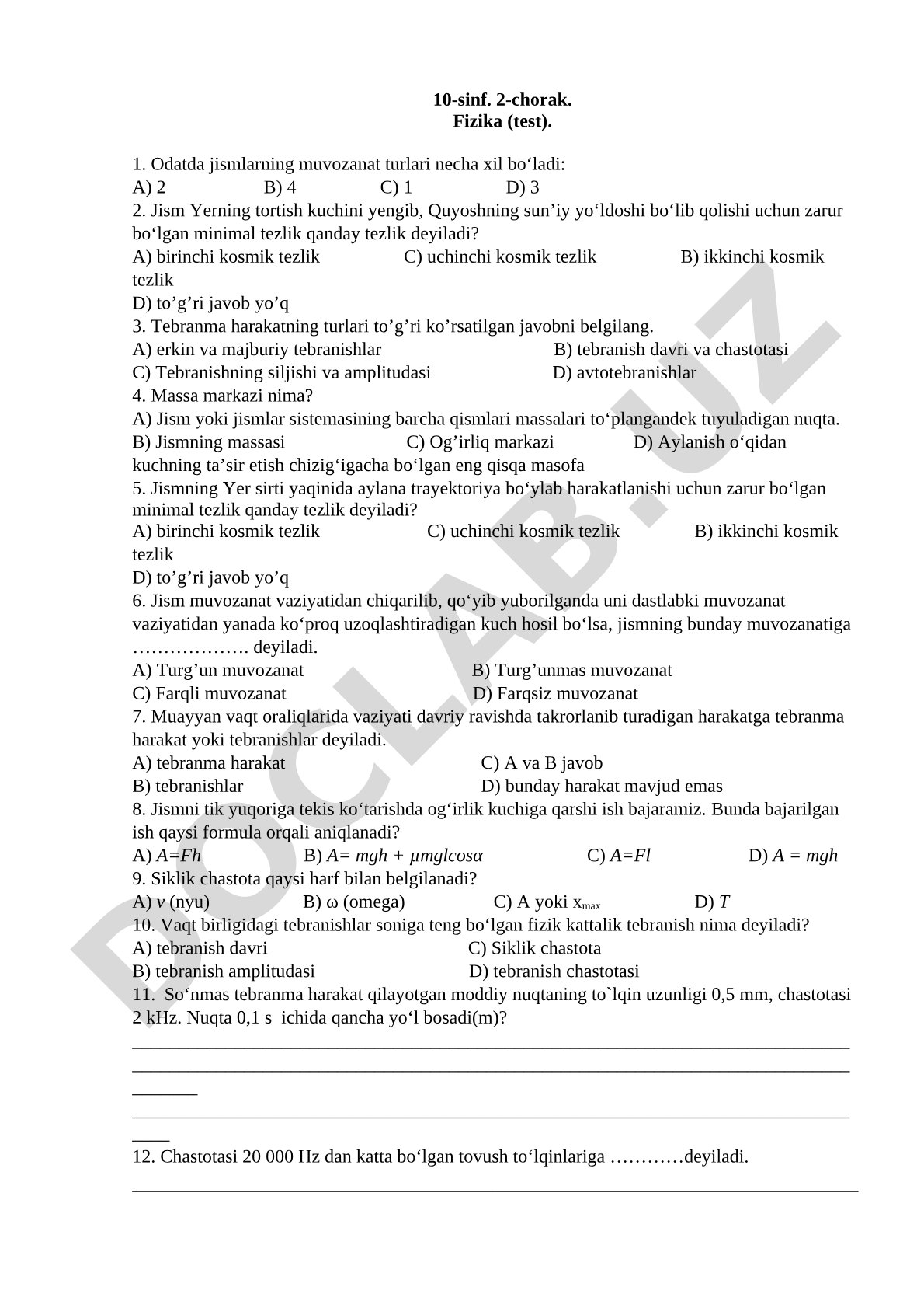 10-sinf. 2-chorak. Fizika (test).