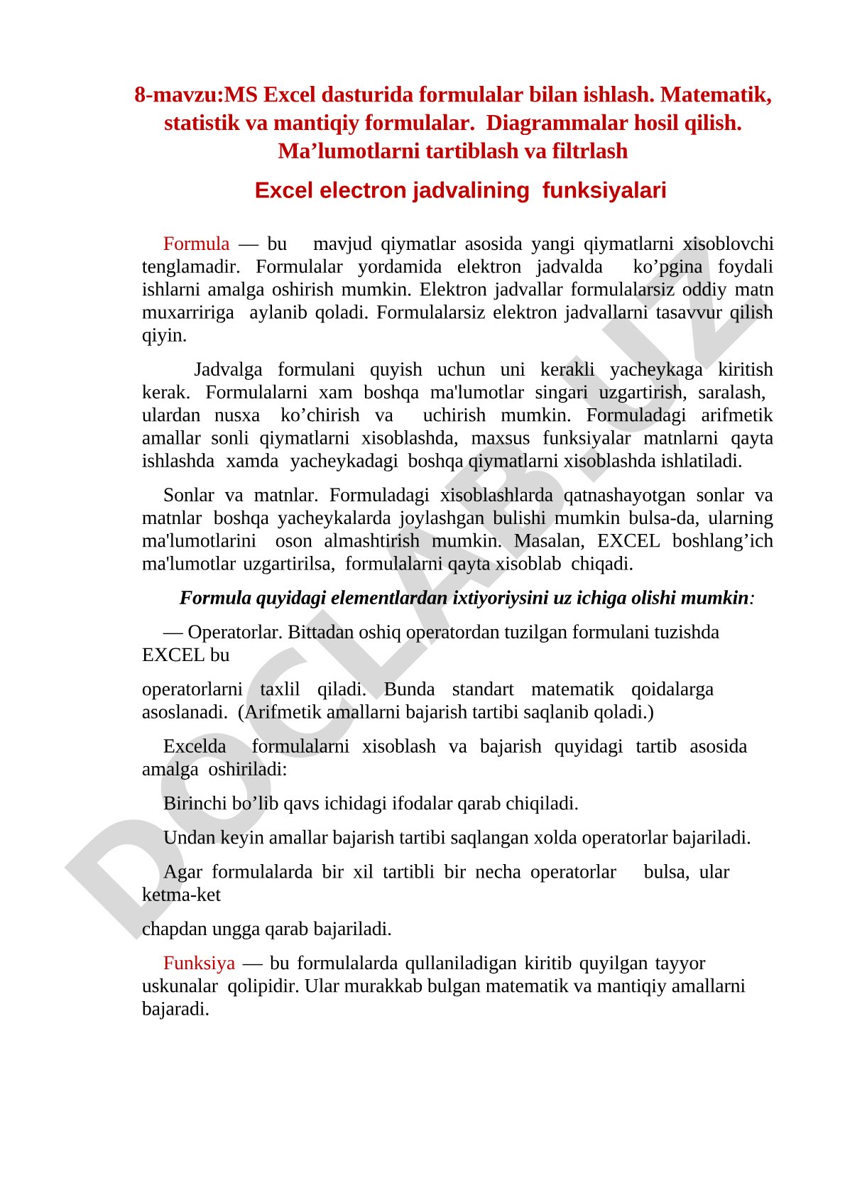 MS Excel dasturida formulalar bilan ishlash