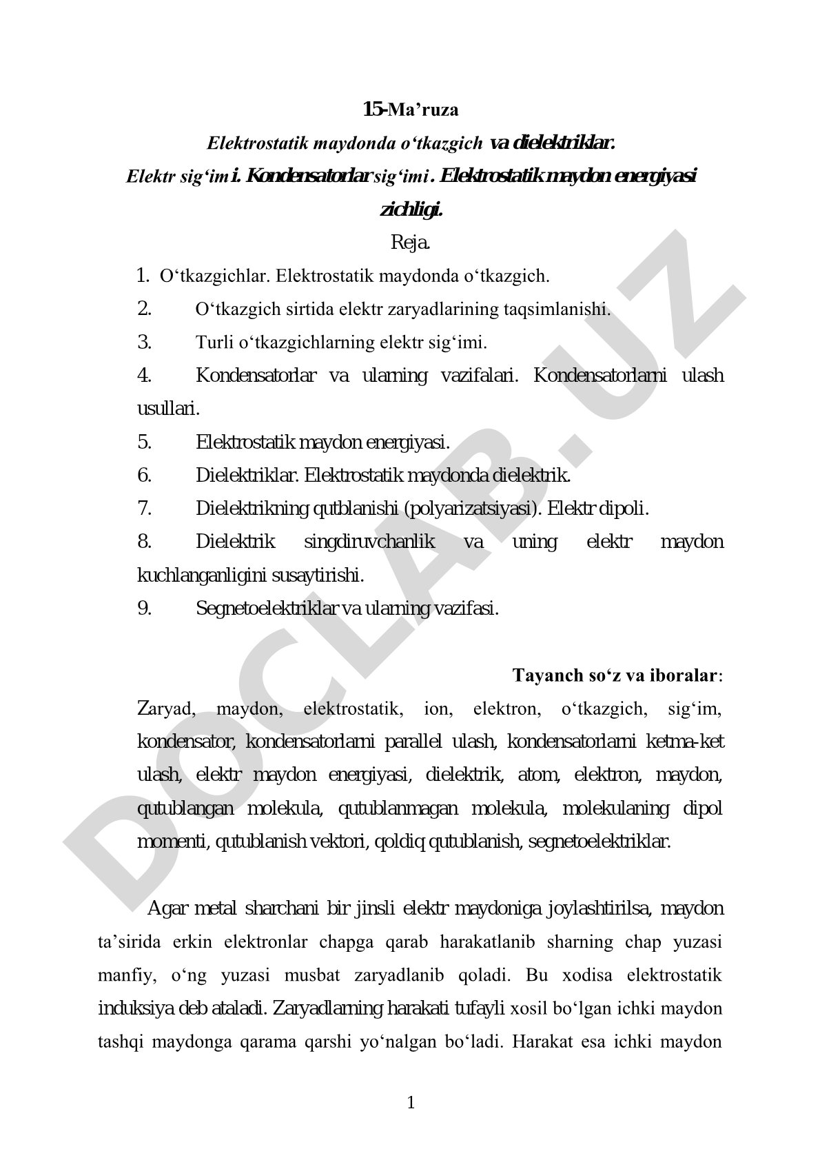 Elektrostatik maydonda o‘tkazgich va dielektriklar. Elektr sig‘imi. Kondensatorlar sig‘imi. Elektrostatik maydon energiyasi zichligi.