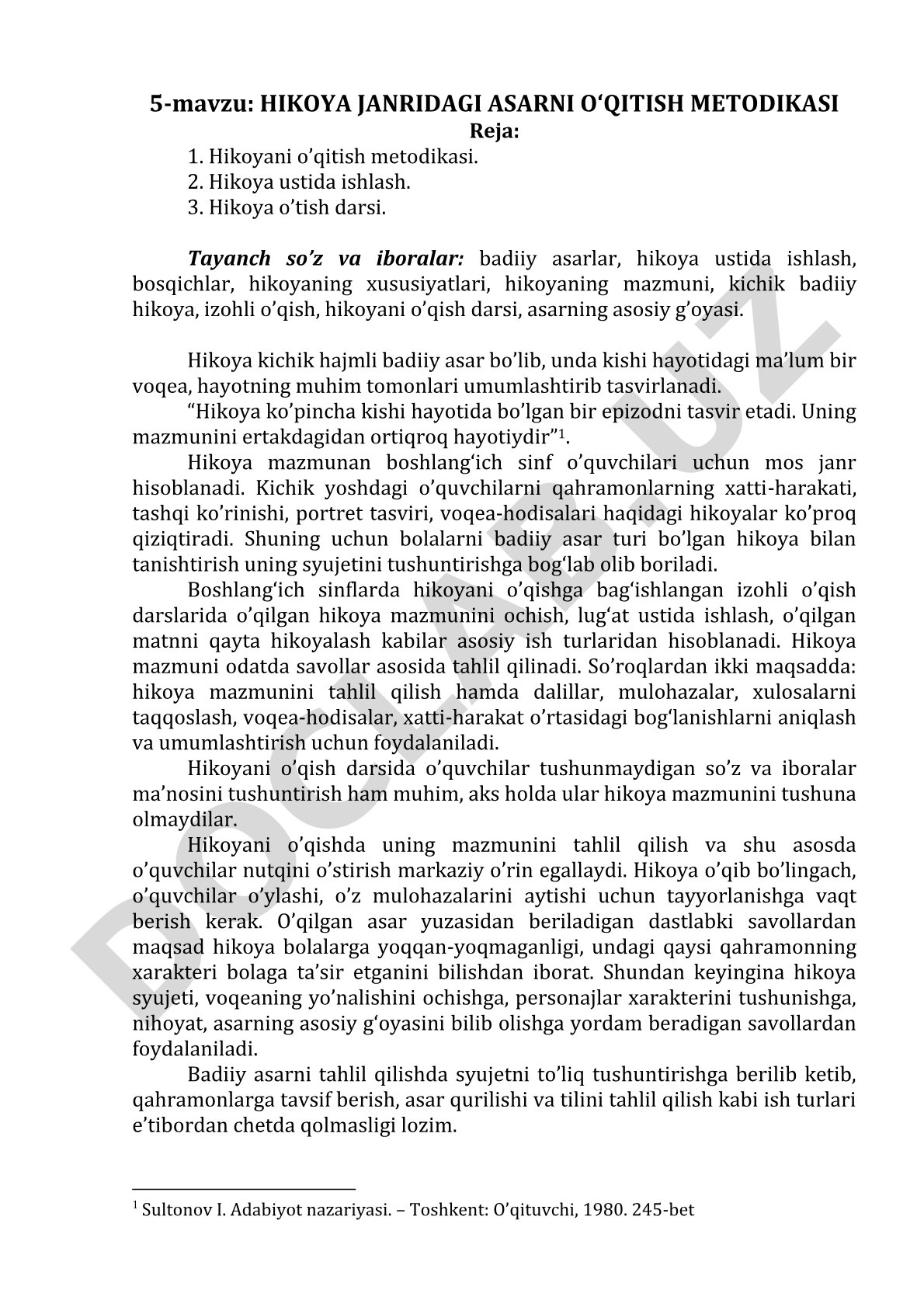 Hikoya janridagi asarni o'qitish metodikasi
