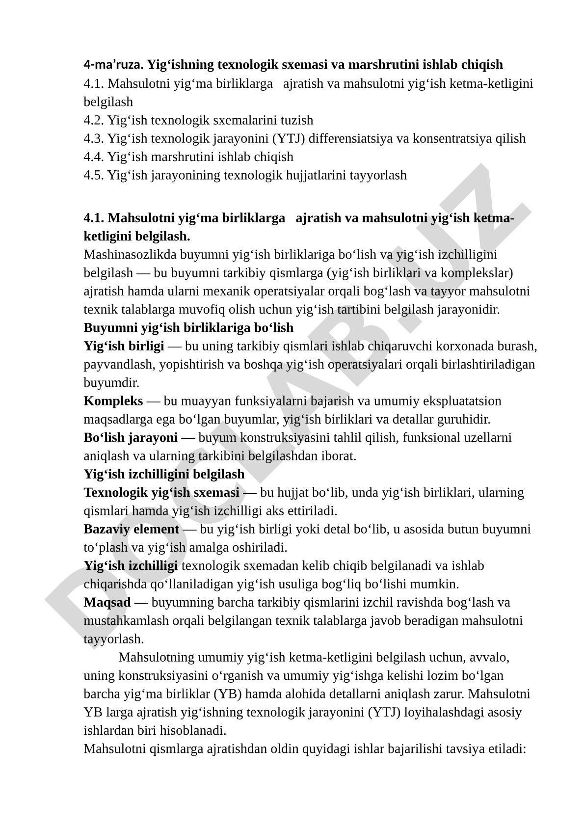 Yig‘ishning texnologik sxemasi va marshrutini ishlab chiqish