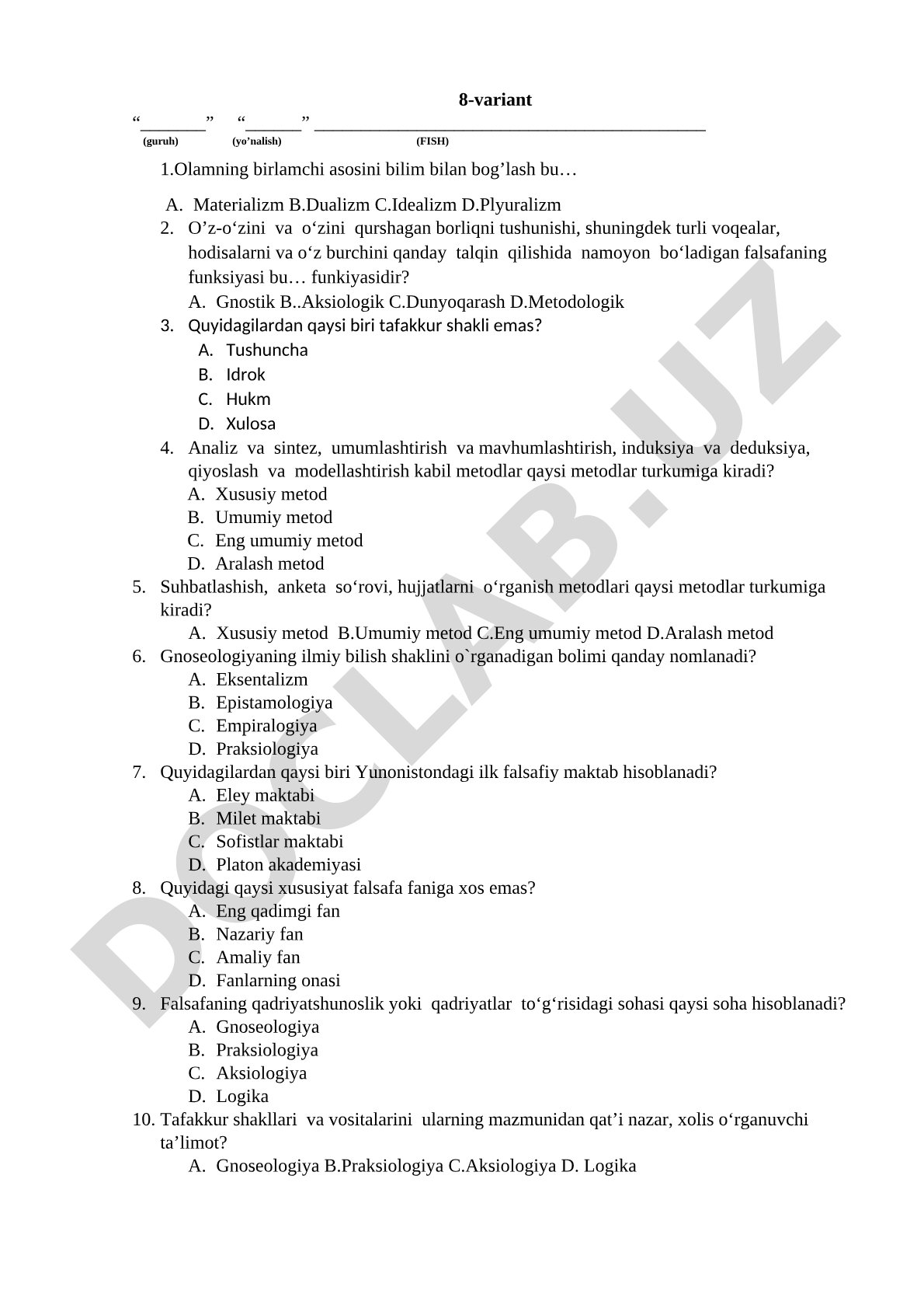 Falsafa fanidan test savollari (8-variant)