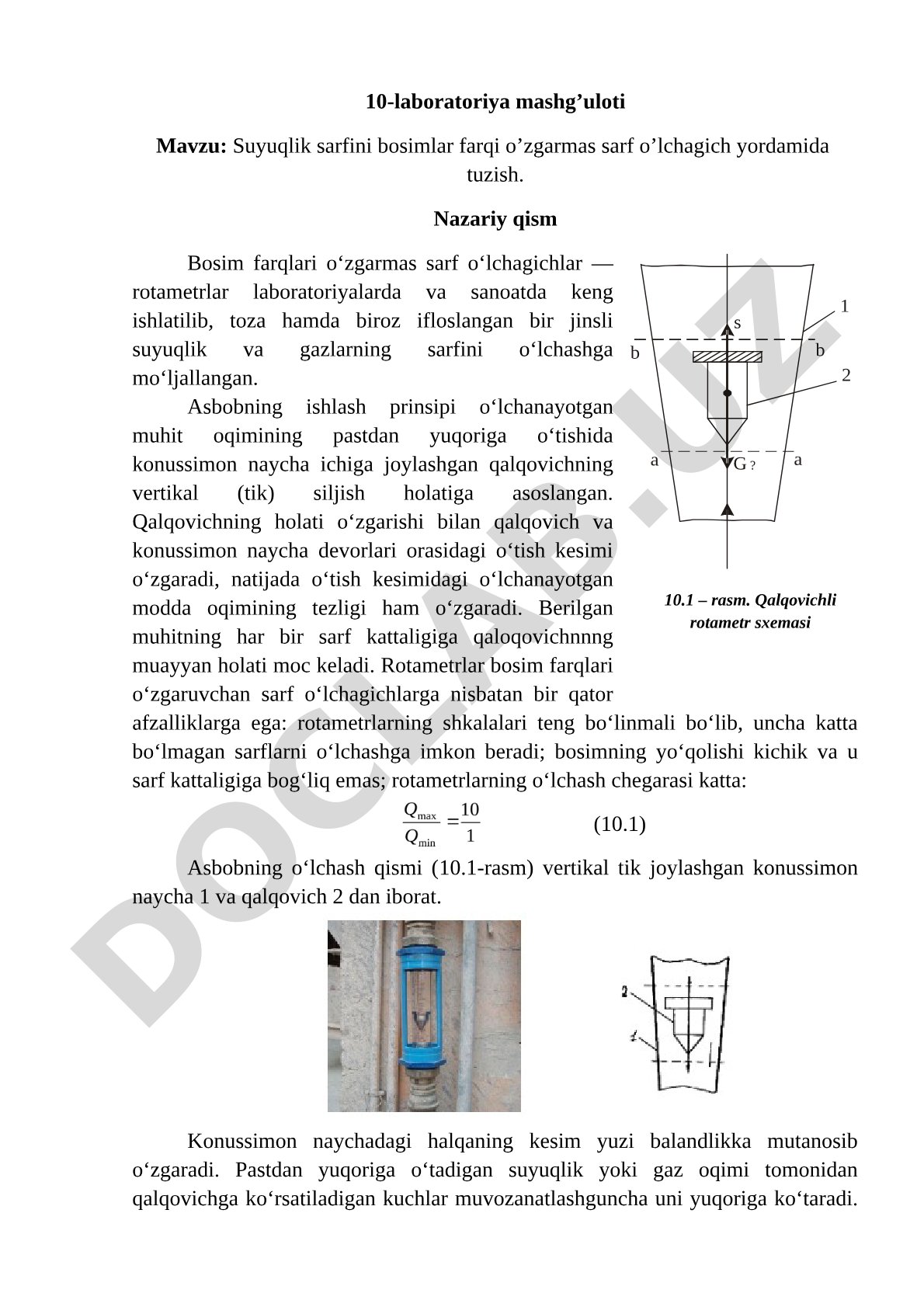 Suyuqlik sarfini bosimlar farqi o'zgarmas sarf o'lchagich yordamida tuzish