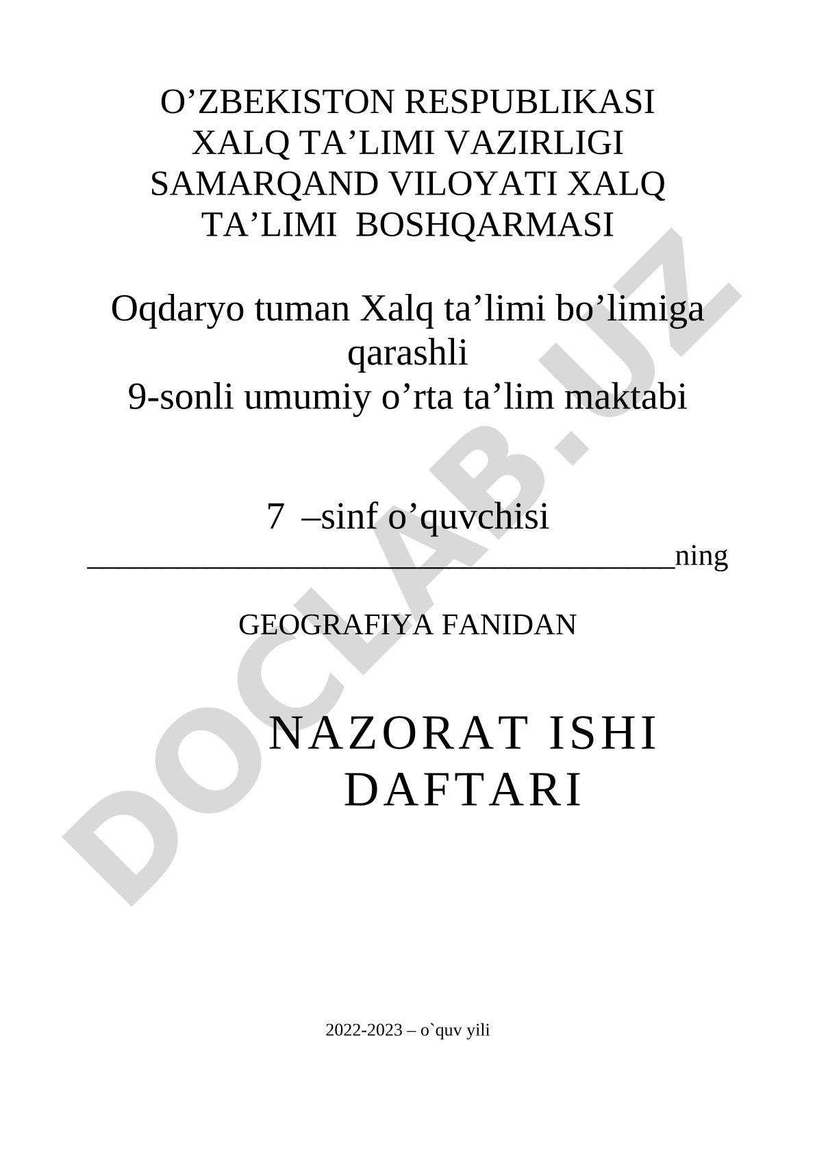 Geografiya fanidan 7-sinf I-nazorat ishi