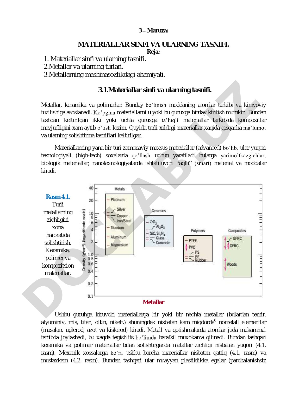 MATERIALLAR SINFI VA ULARNING TASNIFI