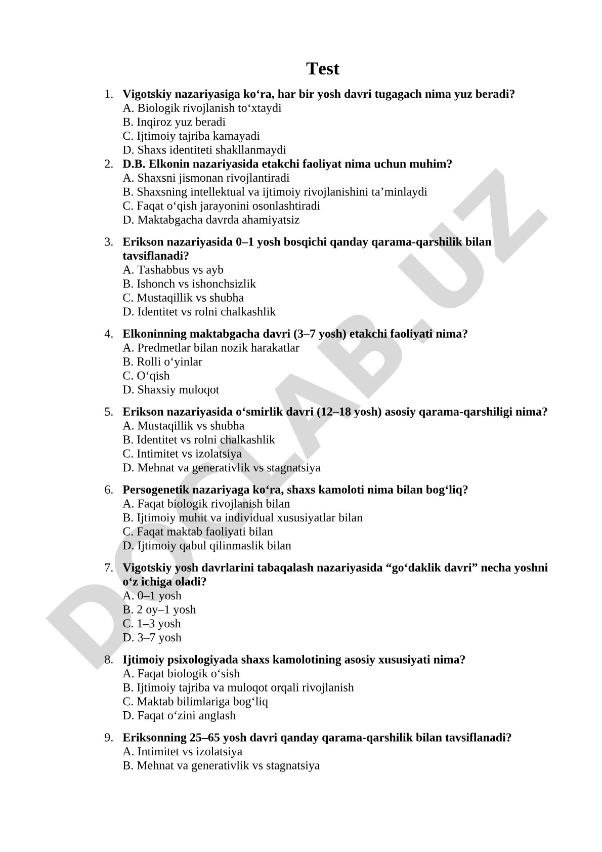 Yosh davrlari psixologiyasi nazariyalari test savollari