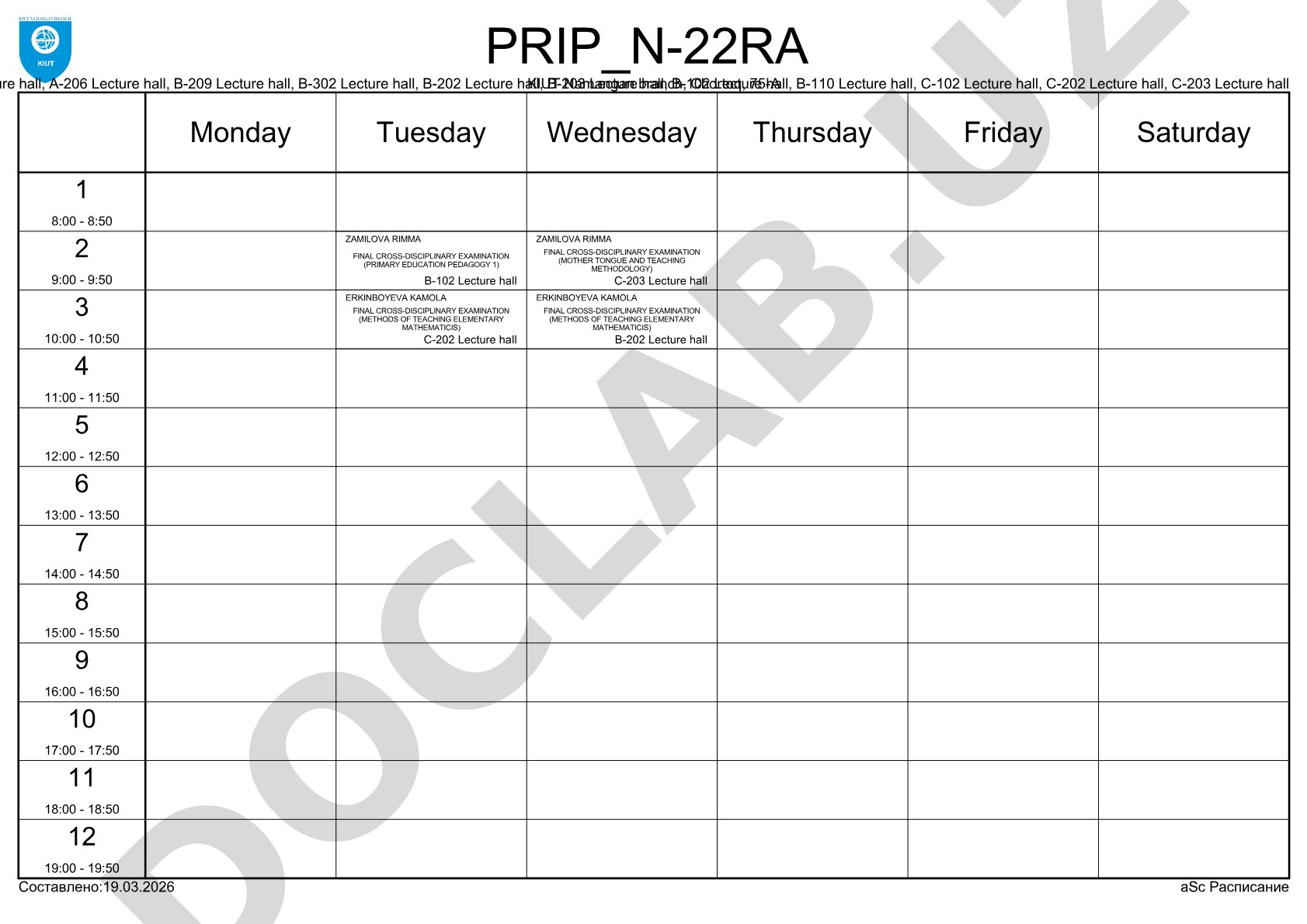 Final Cross-Disciplinary Examination Schedule PRIP_N-22RA