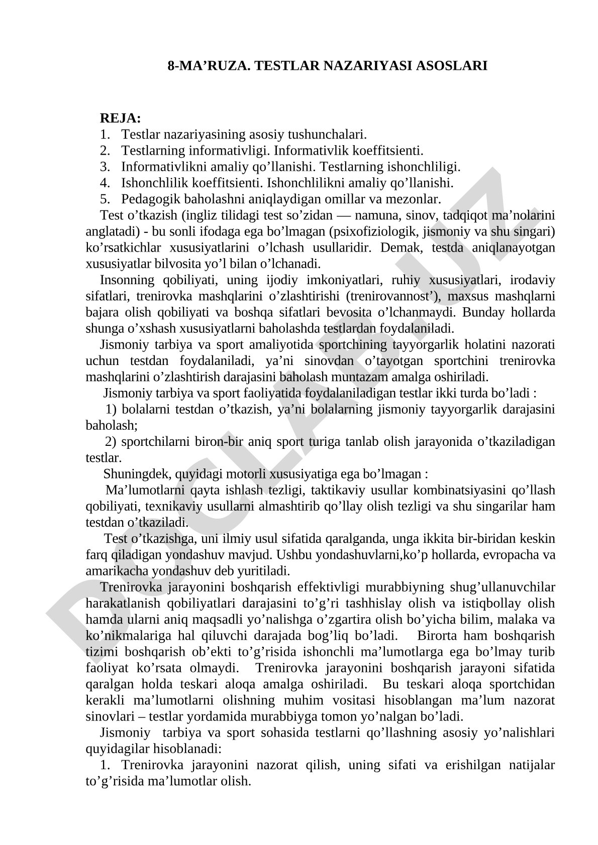 Testlar informativligi, ishonchliligi va pedagogik baholash mezonlari yoritilgan
