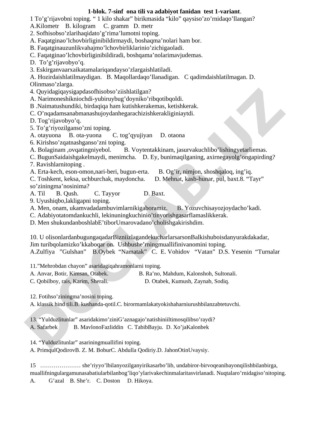 7-sinf ona tili va adabiyot fanidan test 1-variant