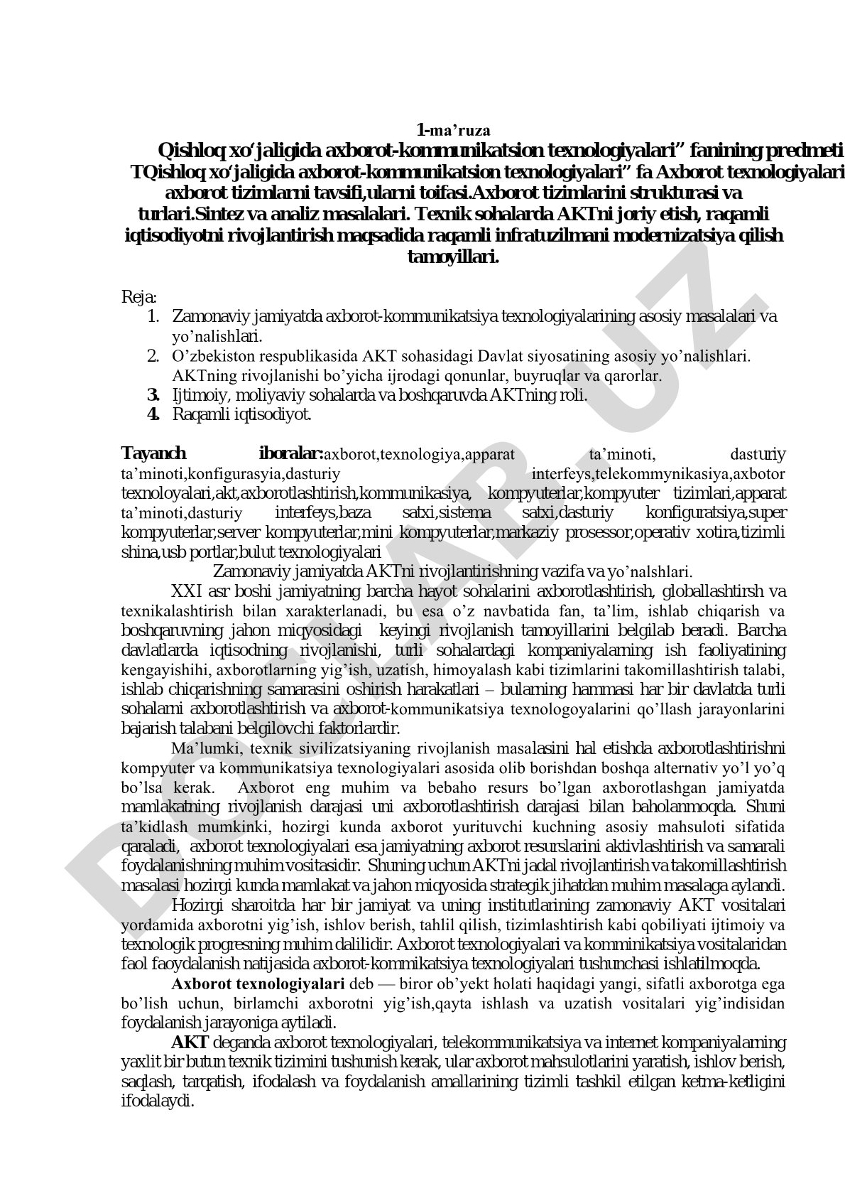 Axborot texnologiyalari va axborot tizimlari tavsifi