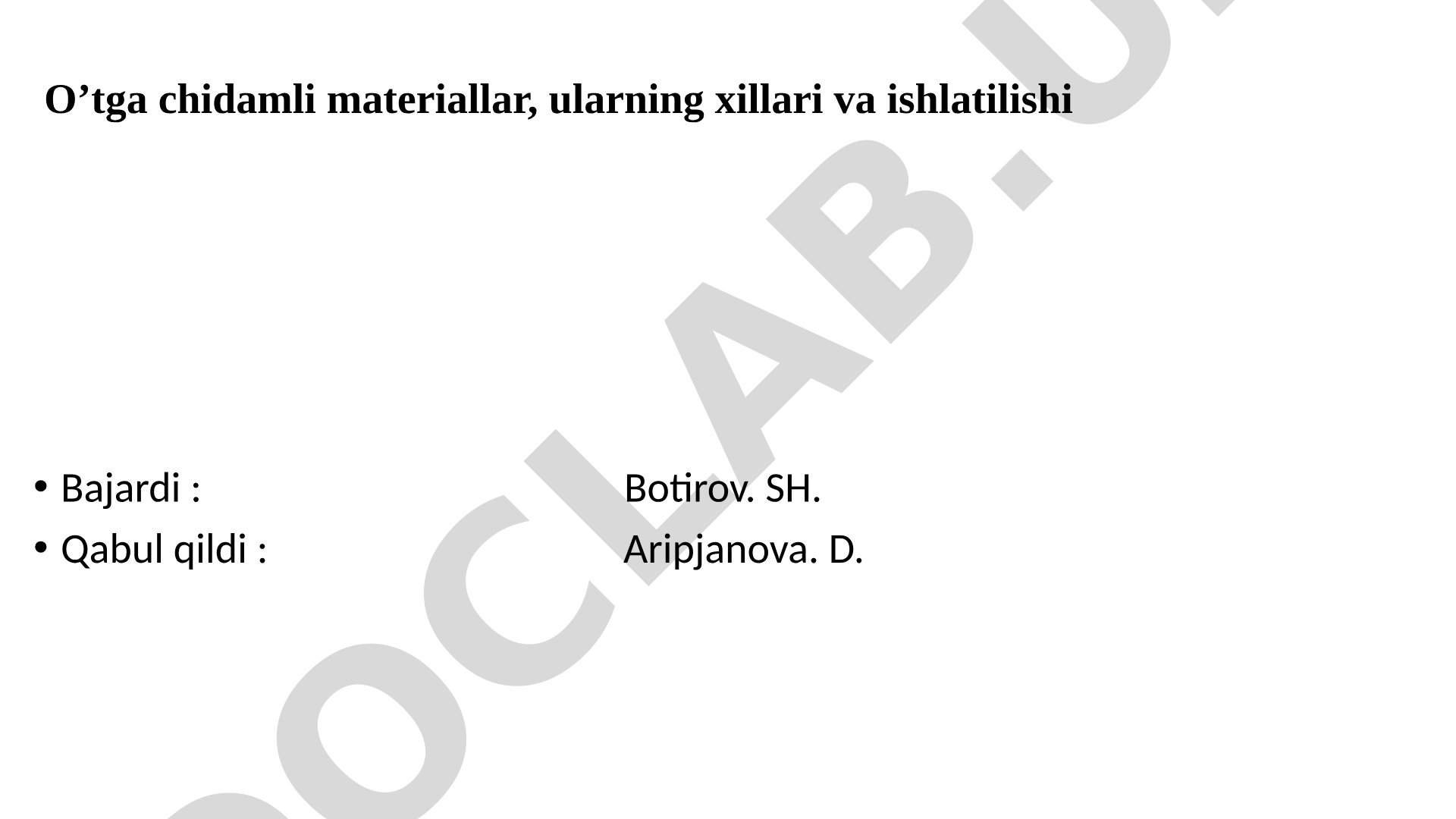 O’tga chidamli materiallar, ularning xillari va ishlatilishi