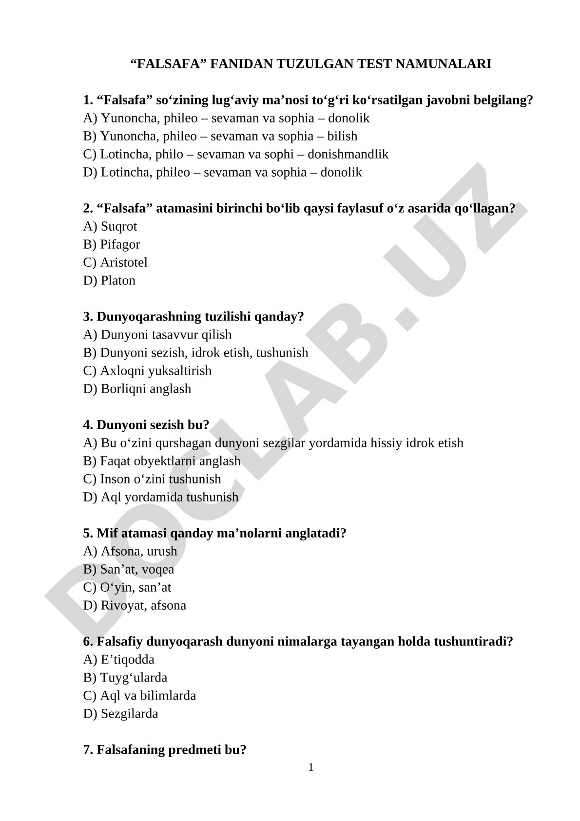 Falsafa fanidan tuzulgan test namunalari