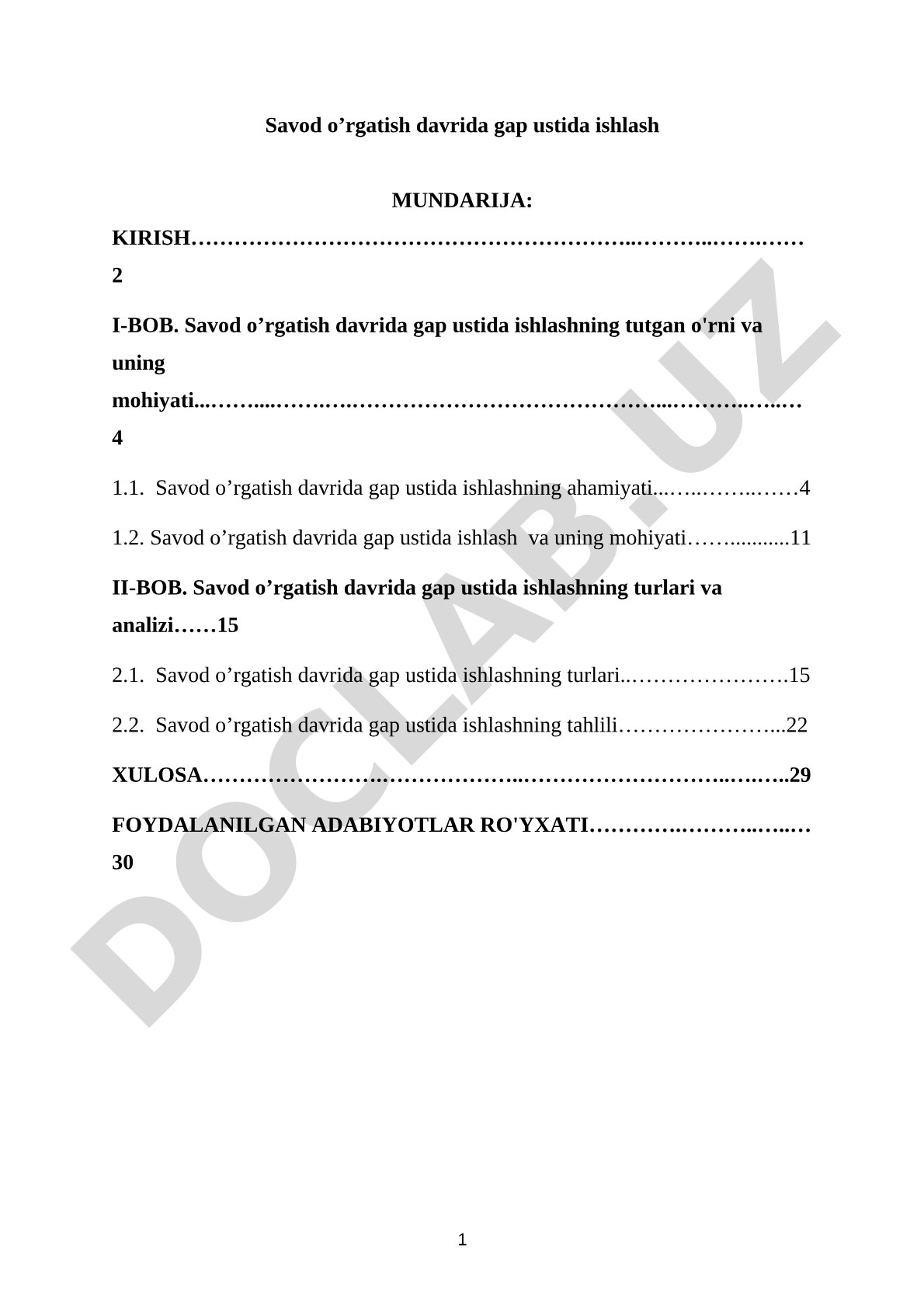 Savod o’rgatish davrida gap ustida ishlash
