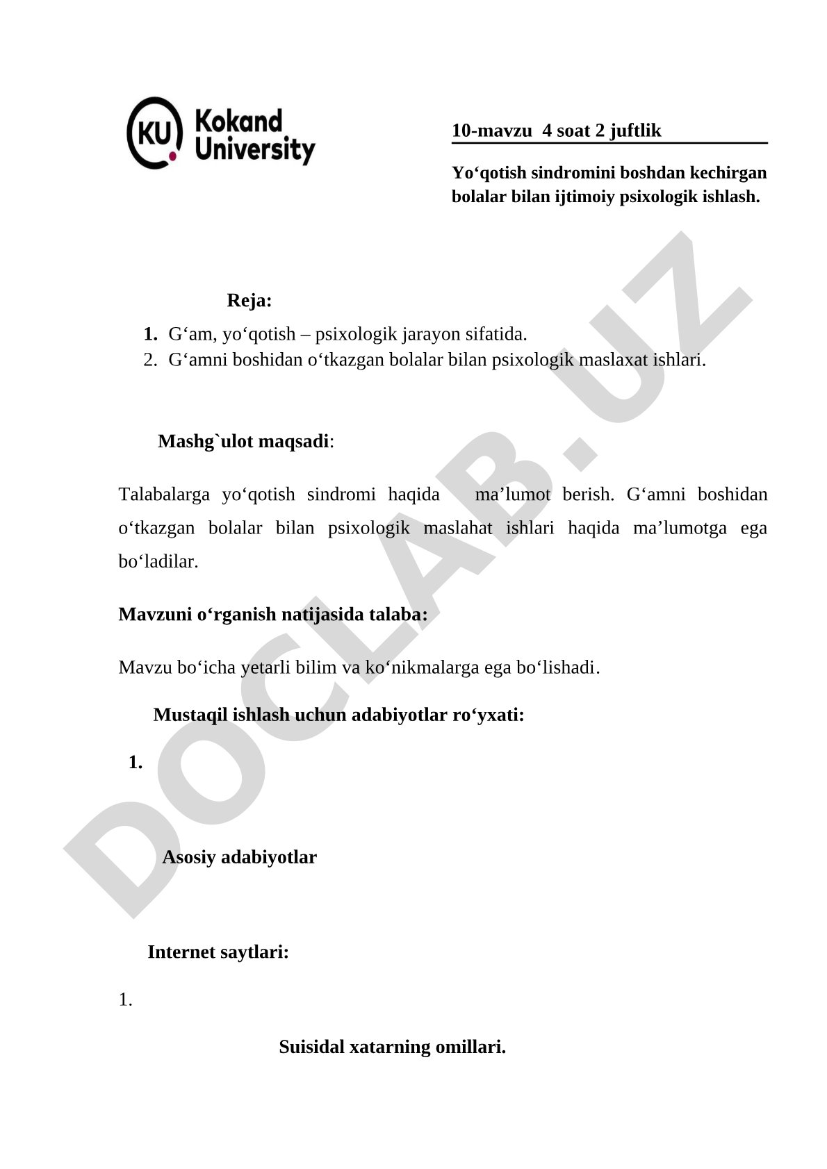 Yo‘qotish sindromini boshdan kechirgan bolalar bilan ijtimoiy psixologik ishlash