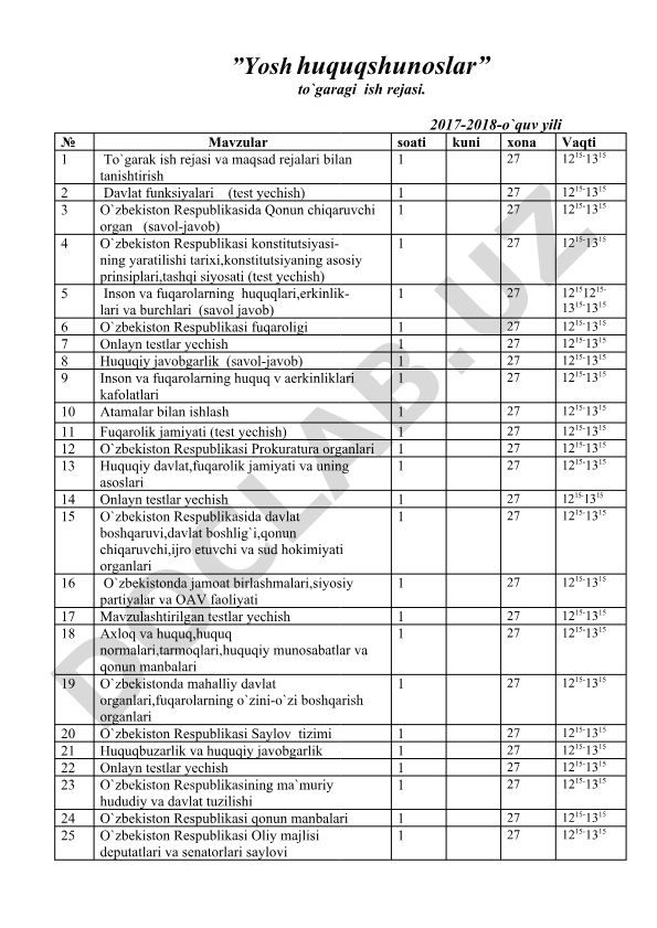 Yosh huquqshunoslar to'garagi ish rejasi 2017-2018 o'quv yili