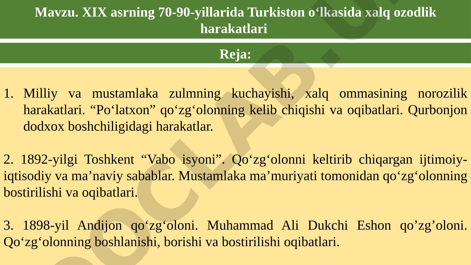XIX asrning 70-90-yillarida Turkiston o‘lkasida xalq ozodlik harakatlari
