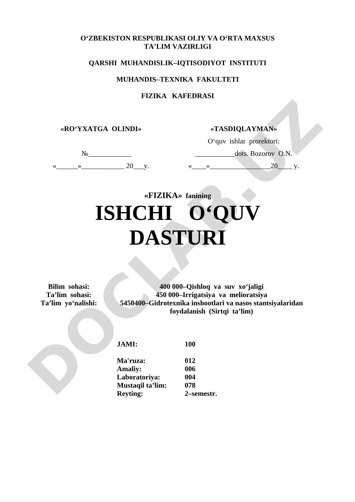 Fizika fanining ishchi o'quv dasturi