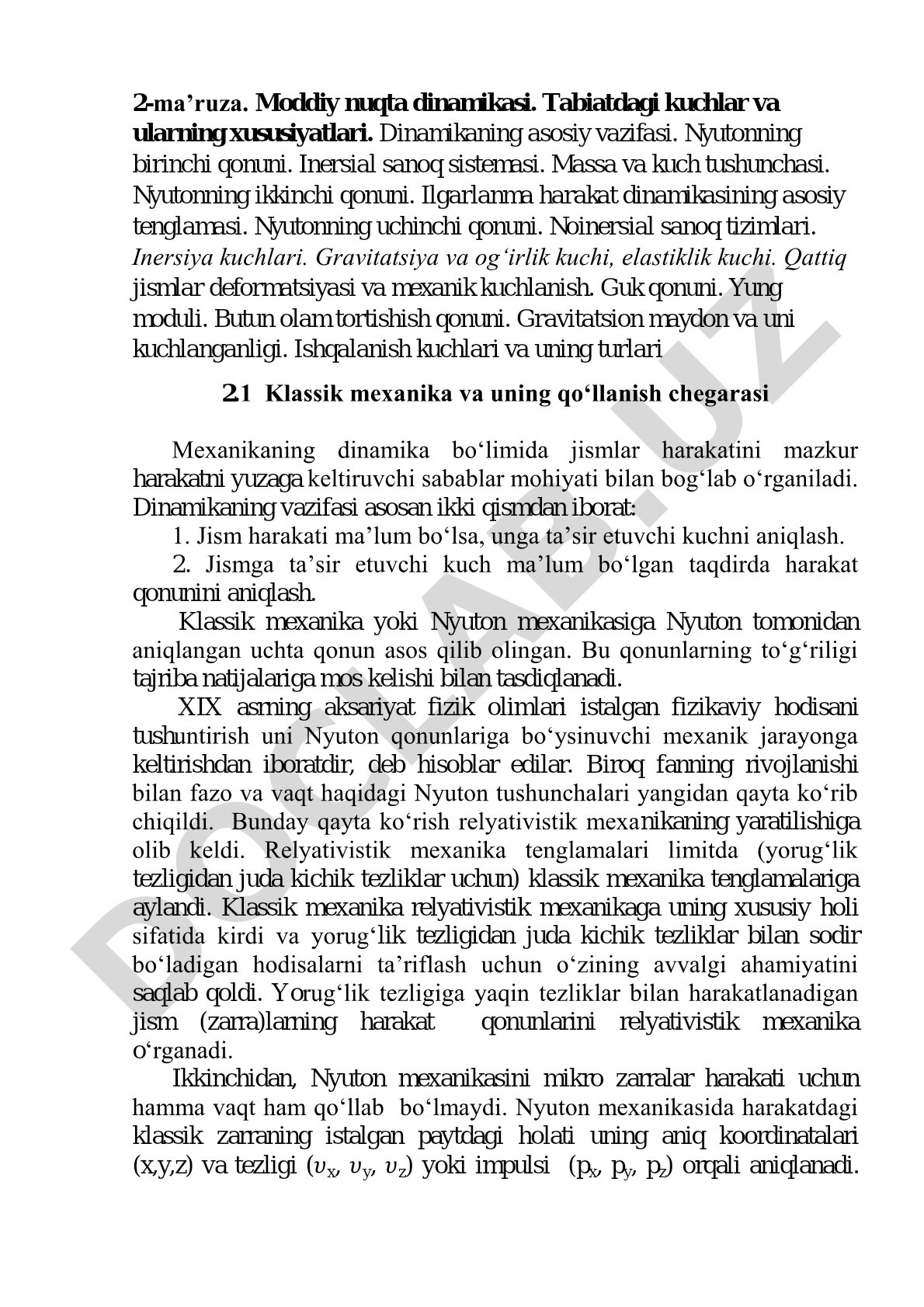 Moddiy nuqta dinamikasi, Nyuton qonunlari, kuchlar, gravitatsiya, elastiklik va