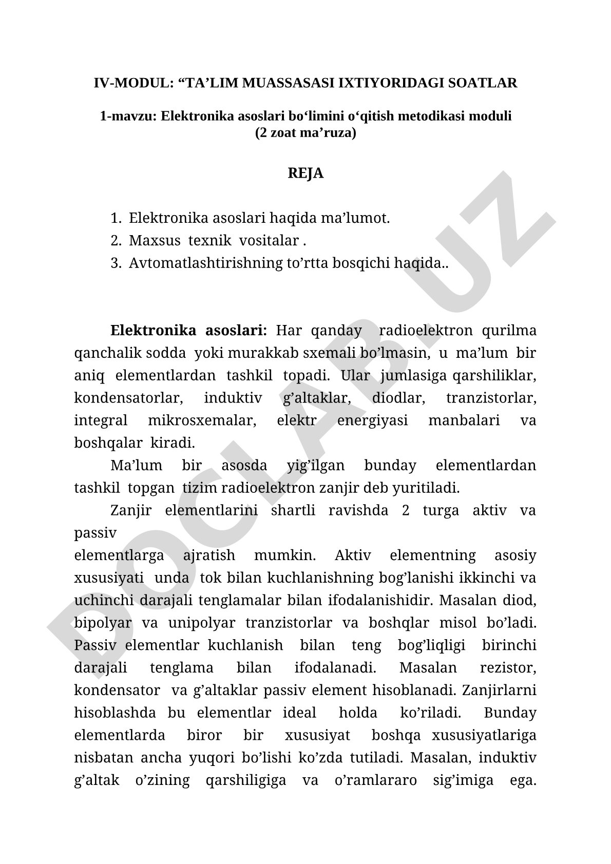 Elektronika asoslari bo‘limini o‘qitish metodikasi moduli