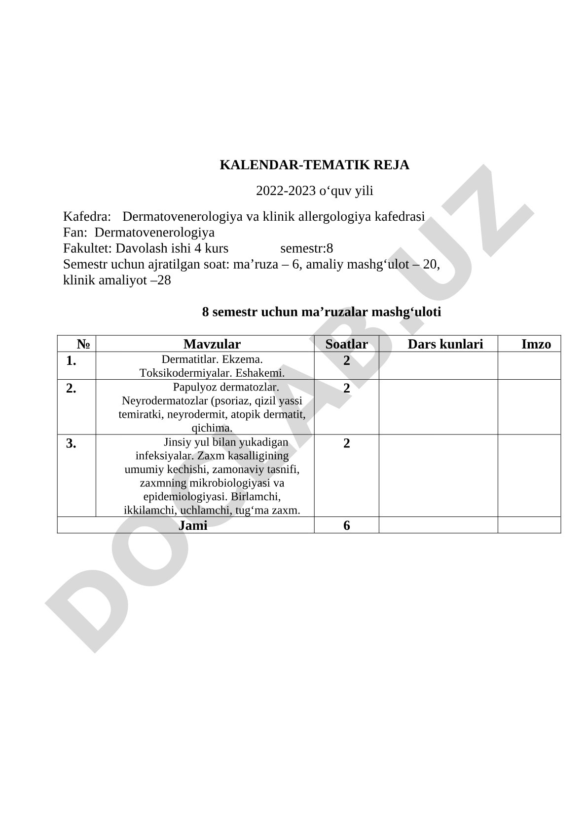 Dermatovenerologiya fanidan kalendar-tematik reja