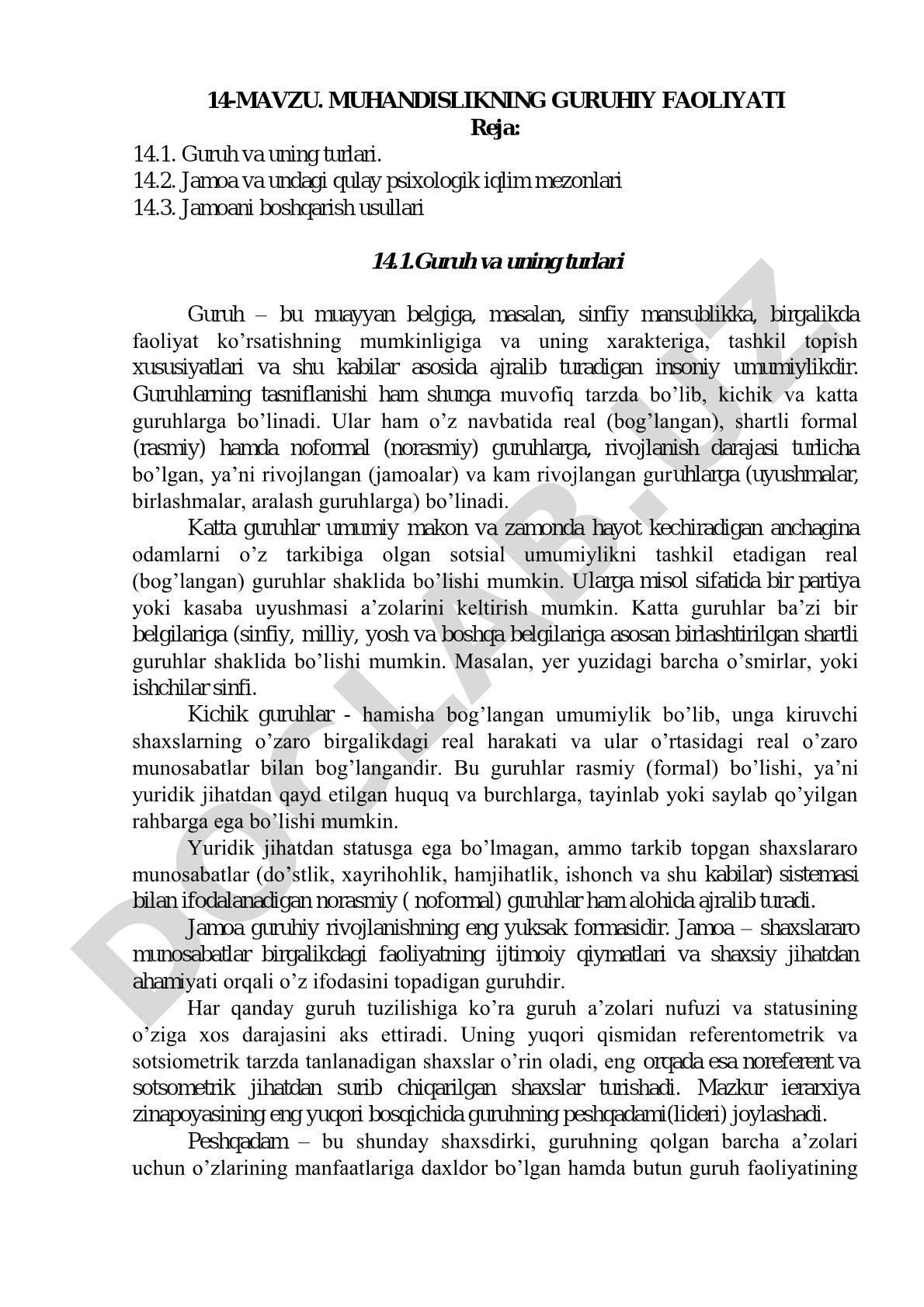 Guruh turlari, jamoa iqlimi va boshqaruv usullari haqida ma'ruza matni