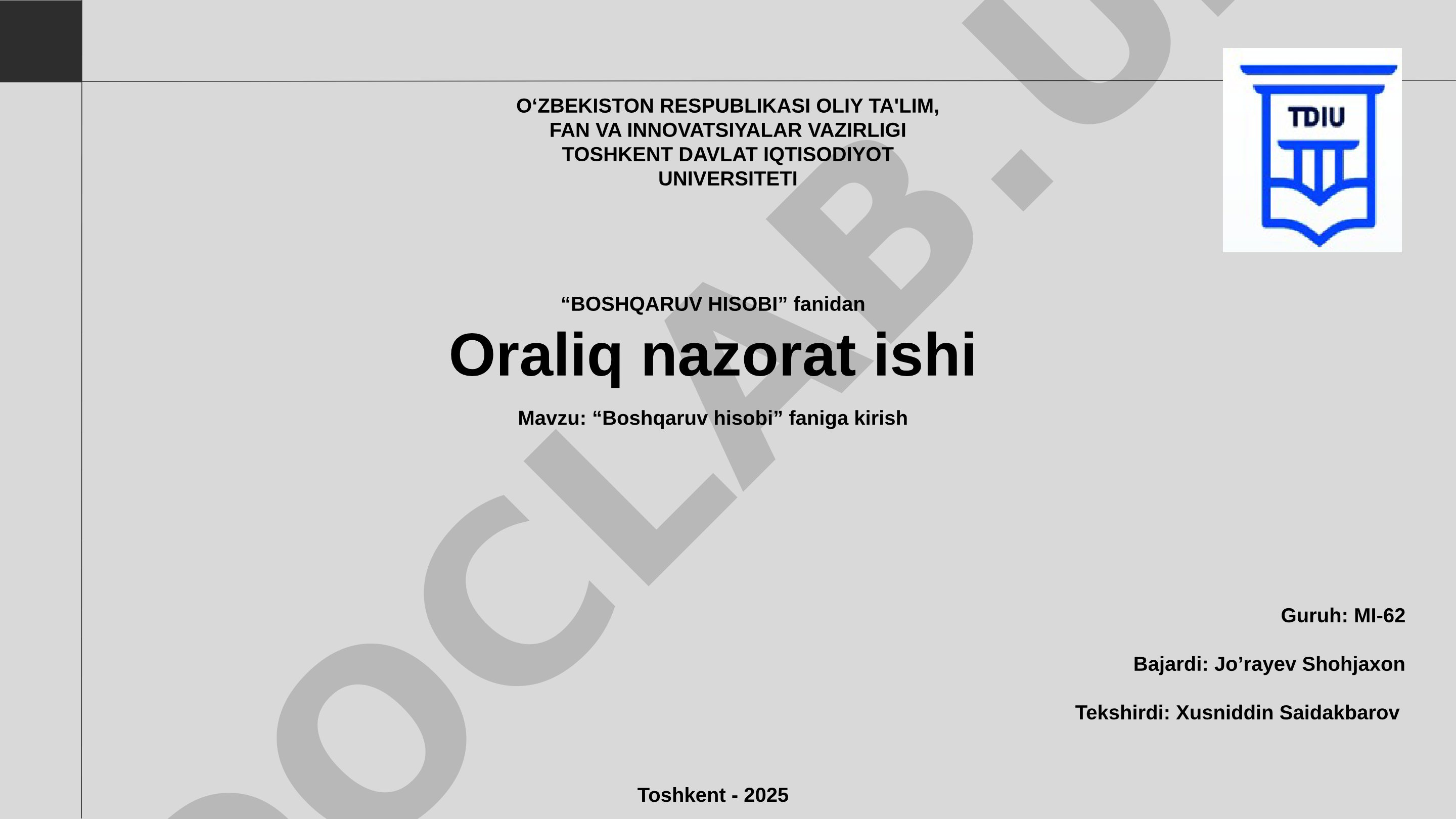 Boshqaruv hisobi faniga kirish