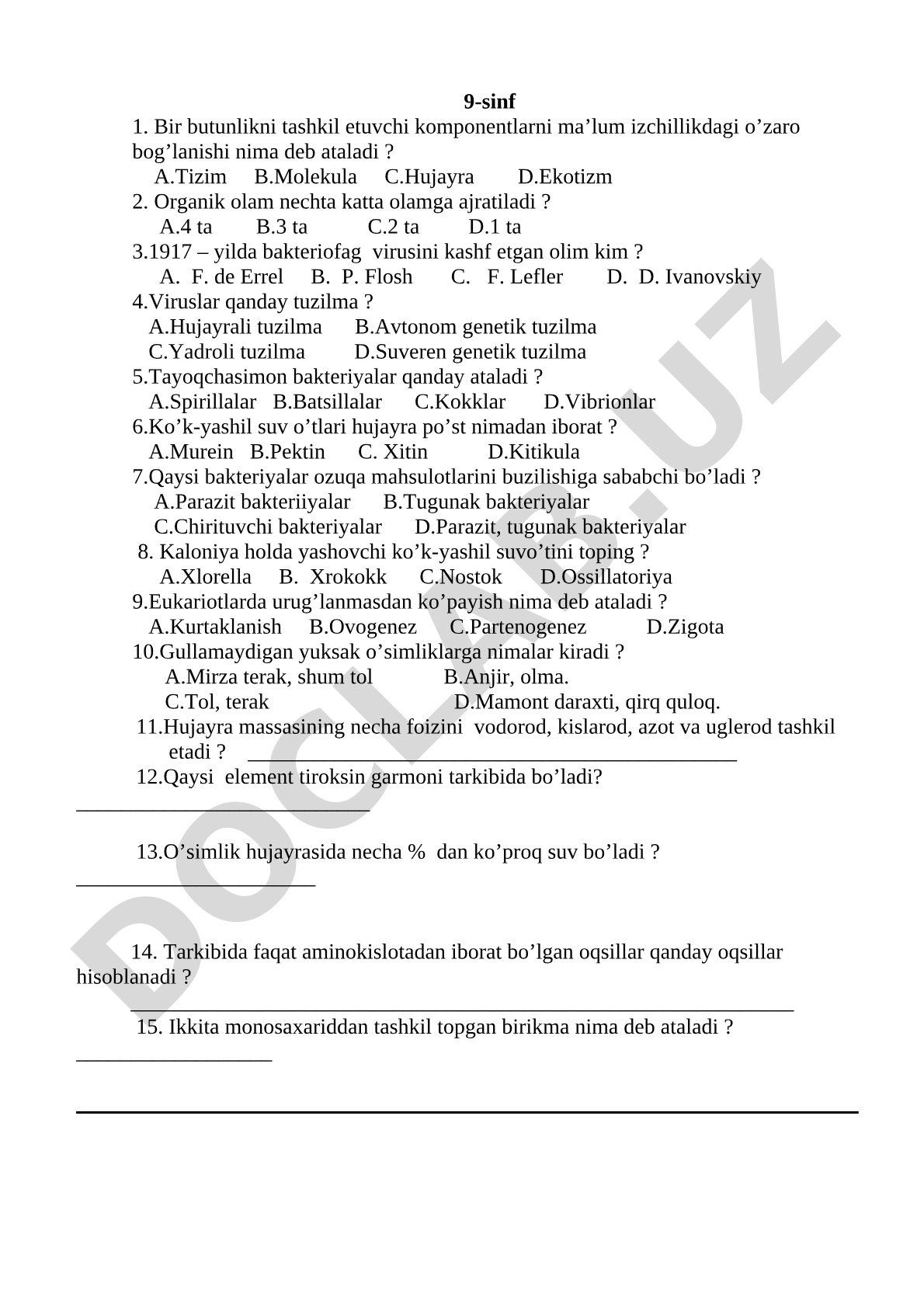 9-sinf biologiya fanidan test savollari
