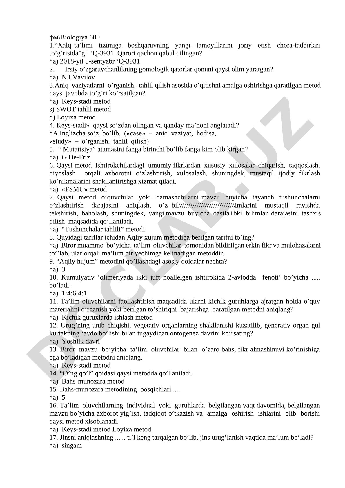 Biologiya fanidan 600 ta test: irsiy o'zgaruvchanlik, keys-stadi, FSMU metodlari
