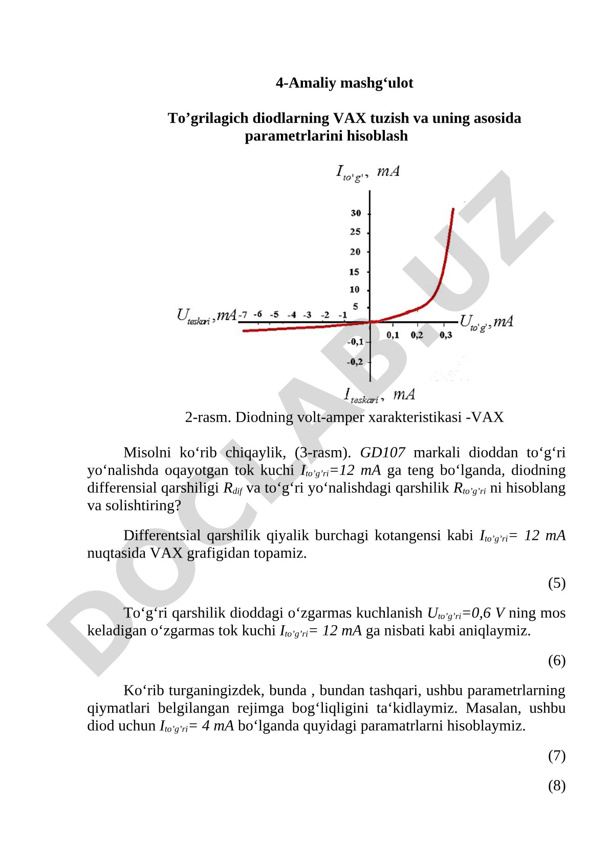 To’grilagich diodlarning VAX tuzish va uning asosida parametrlarini hisoblash