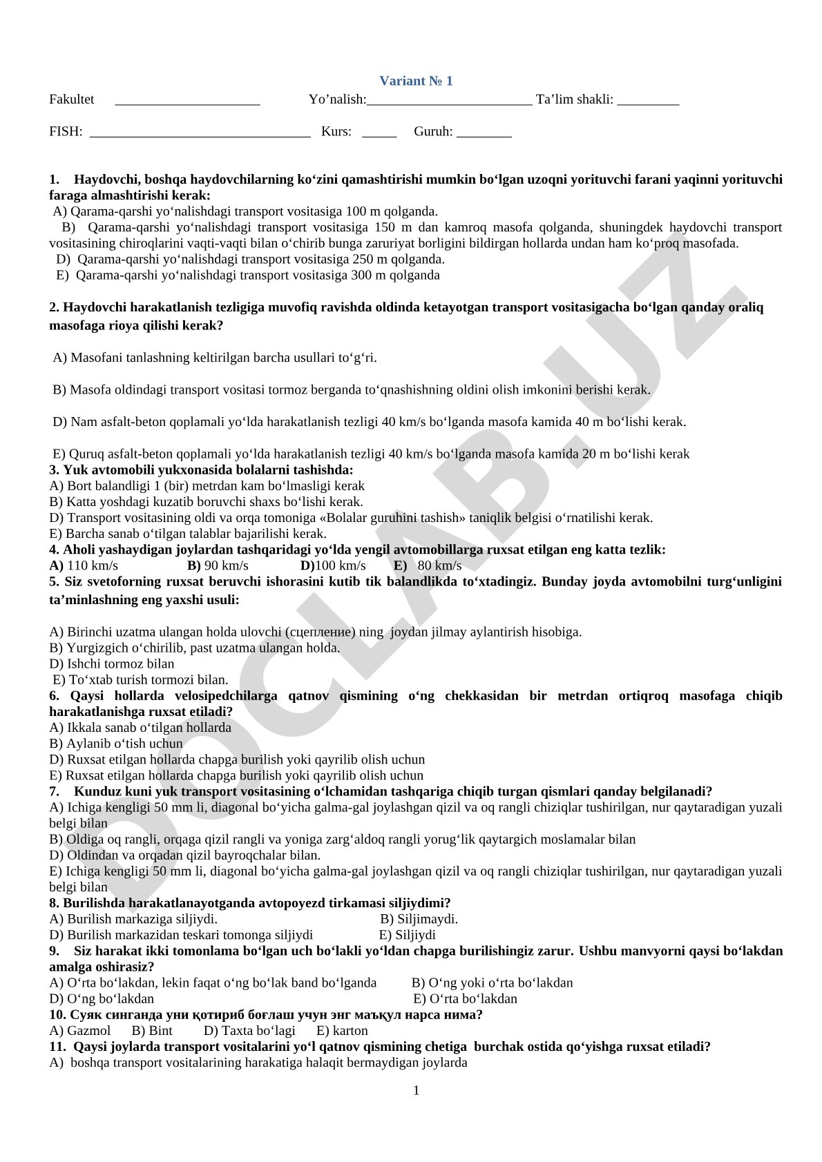 Yo'l harakati qoidalari bo'yicha test savollari
