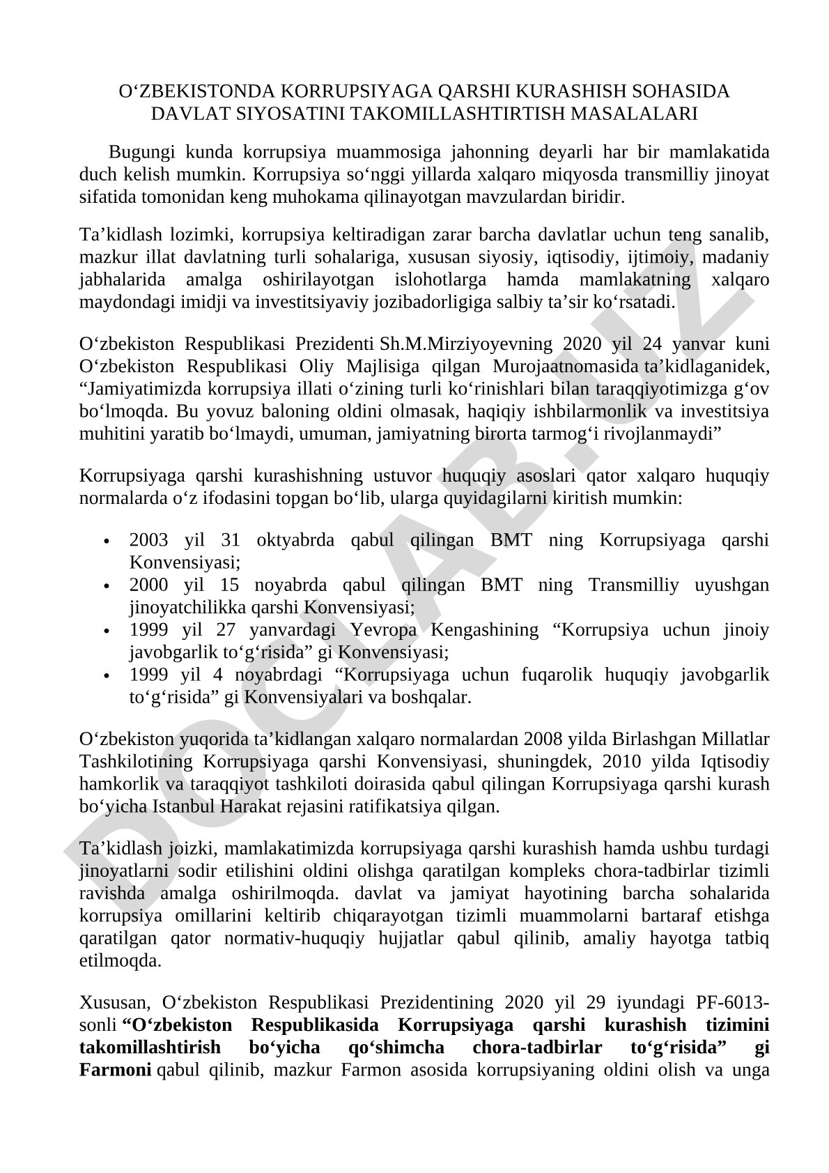 O‘ZBEKISTONDA KORRUPSIYAGA QARSHI KURASHISH SOHASIDA DAVLAT SIYOSATINI TAKOMILLASHTIRISH MASALALARI