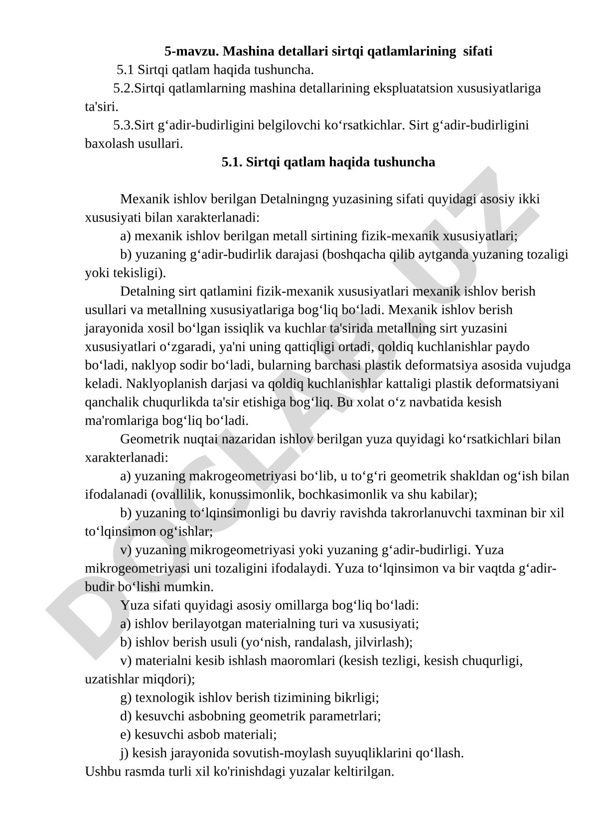 Mashina detallari sirtqi qatlamlarining sifati 5.1 Sirtqi qatlam haqida tushuncha